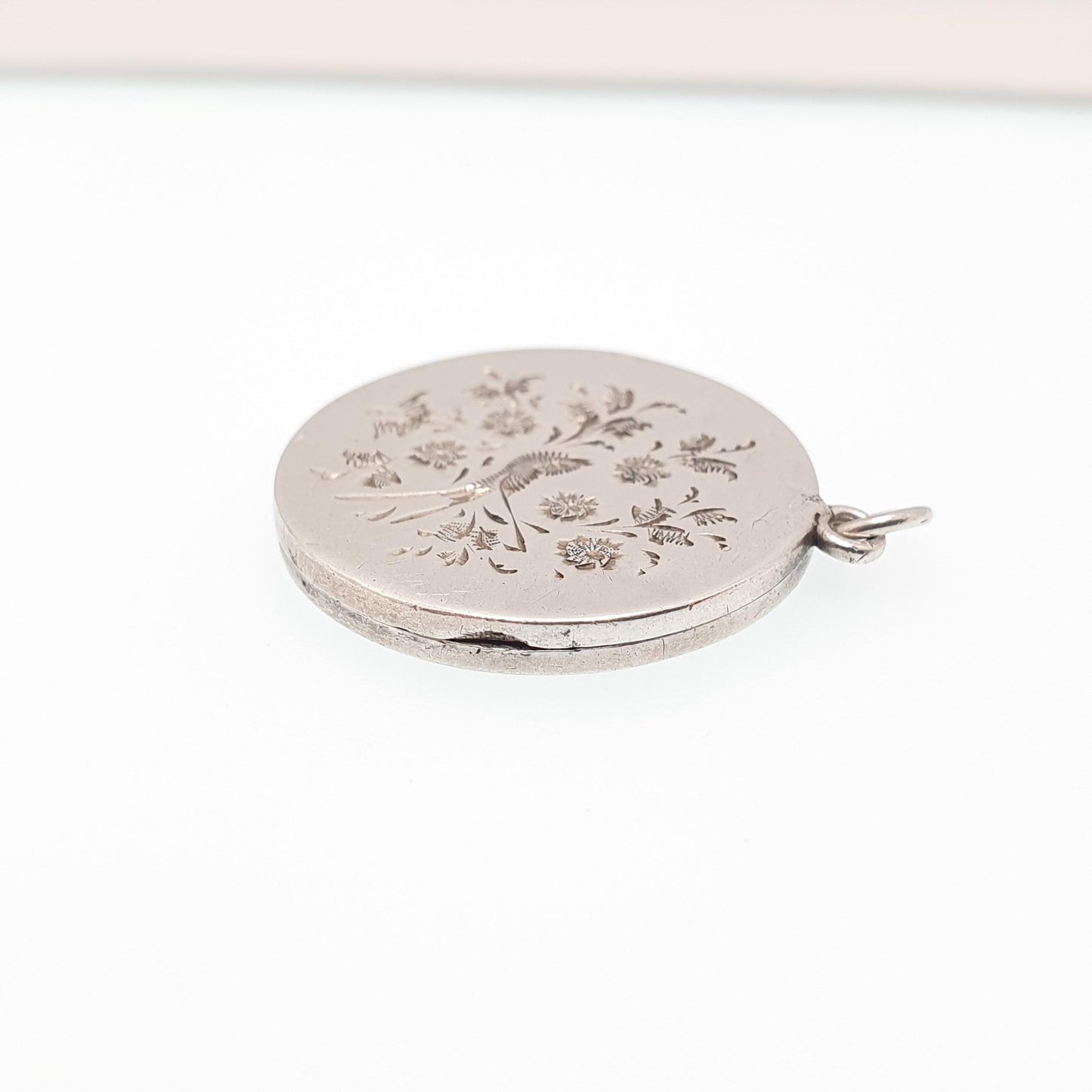 Antique Sterling Silver Bird Locket Round Circle Hand Engraved Necklace Vintage Pendant Picture Photo Jewelry Jewellery