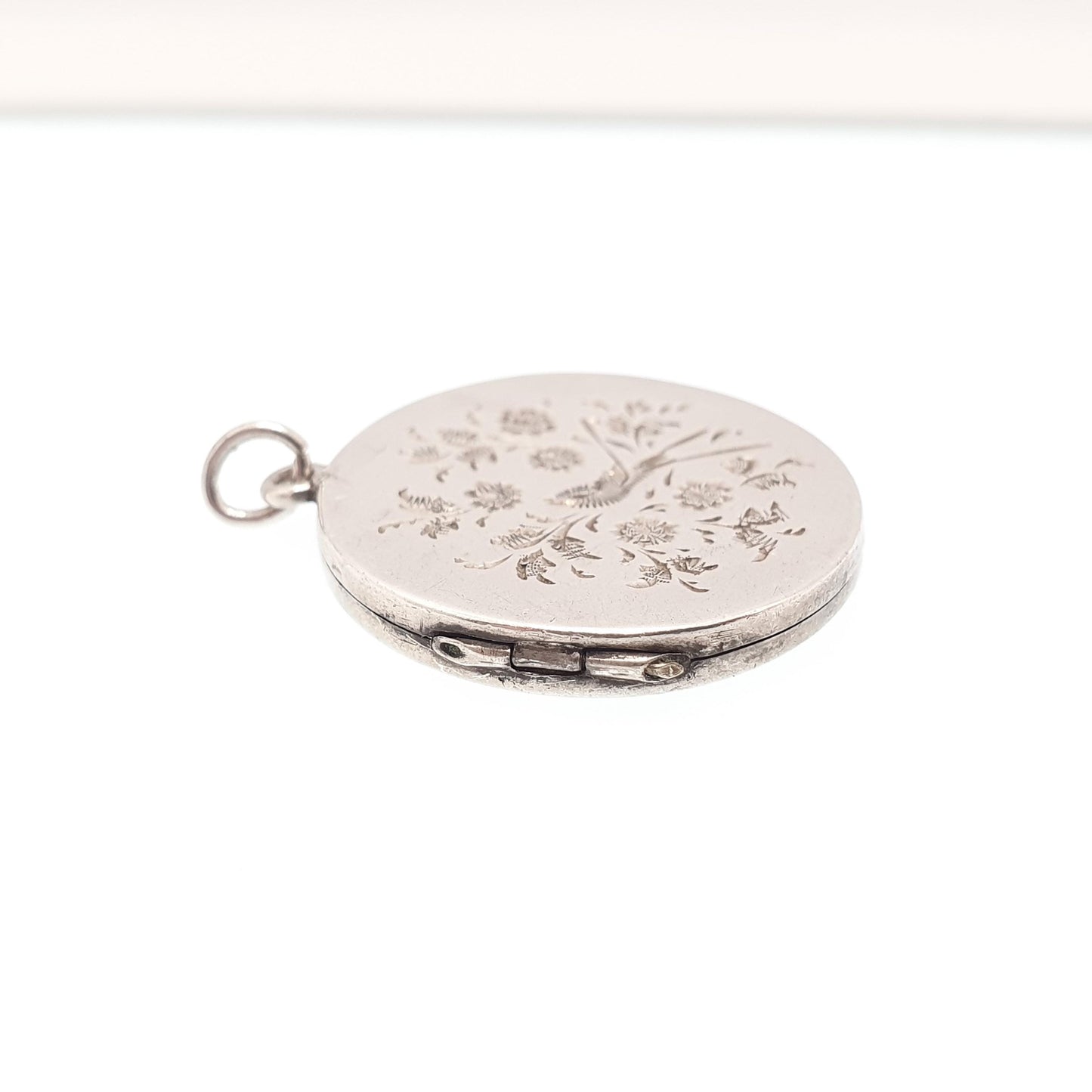 Antique Sterling Silver Bird Locket Round Circle Hand Engraved Necklace Vintage Pendant Picture Photo Jewelry Jewellery