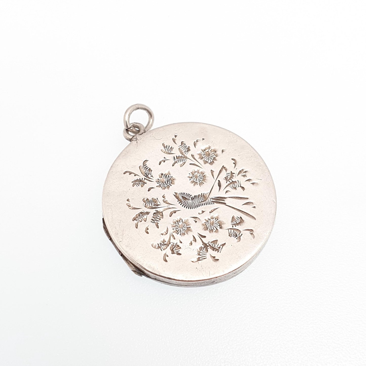 Antique Sterling Silver Bird Locket Round Circle Hand Engraved Necklace Vintage Pendant Picture Photo Jewelry Jewellery