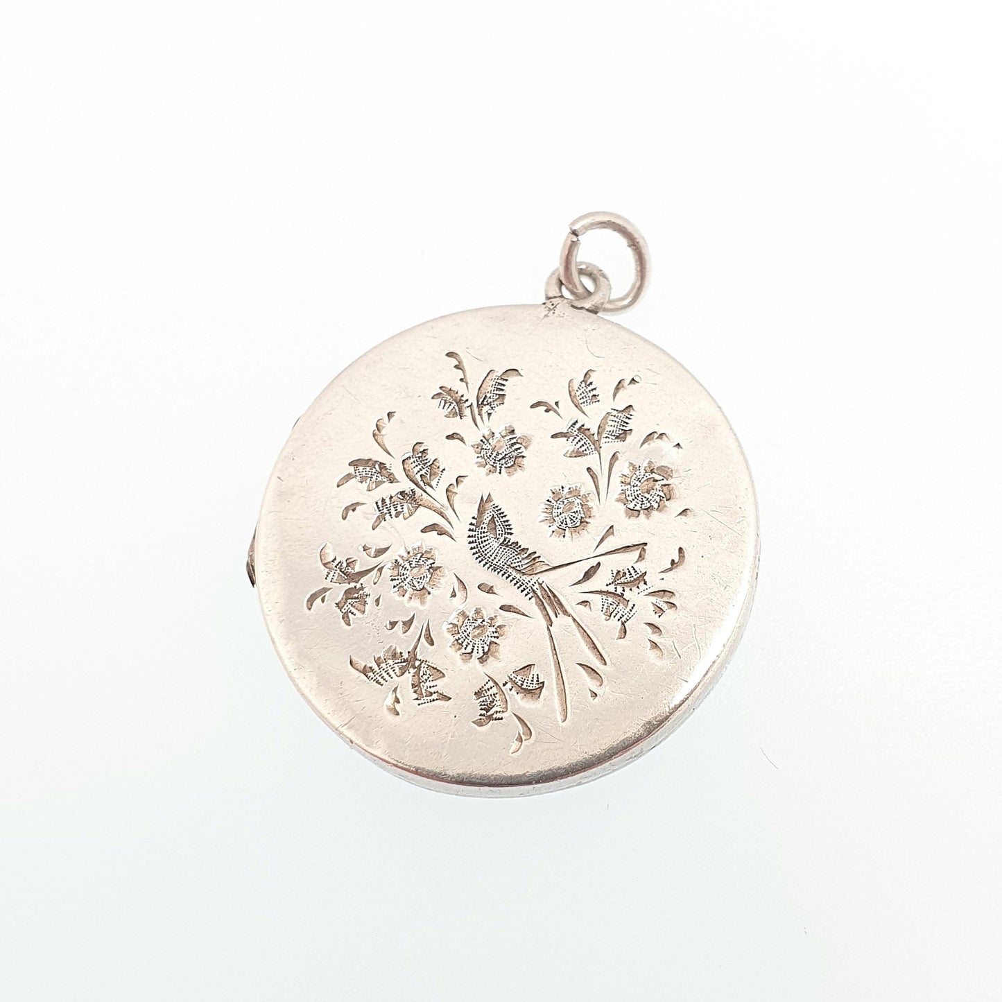 Antique Sterling Silver Bird Locket Round Circle Hand Engraved Necklace Vintage Pendant Picture Photo Jewelry Jewellery