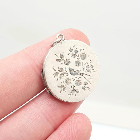 Antique Sterling Silver Bird Locket Round Circle Hand Engraved Necklace Vintage Pendant Picture Photo Jewelry Jewellery
