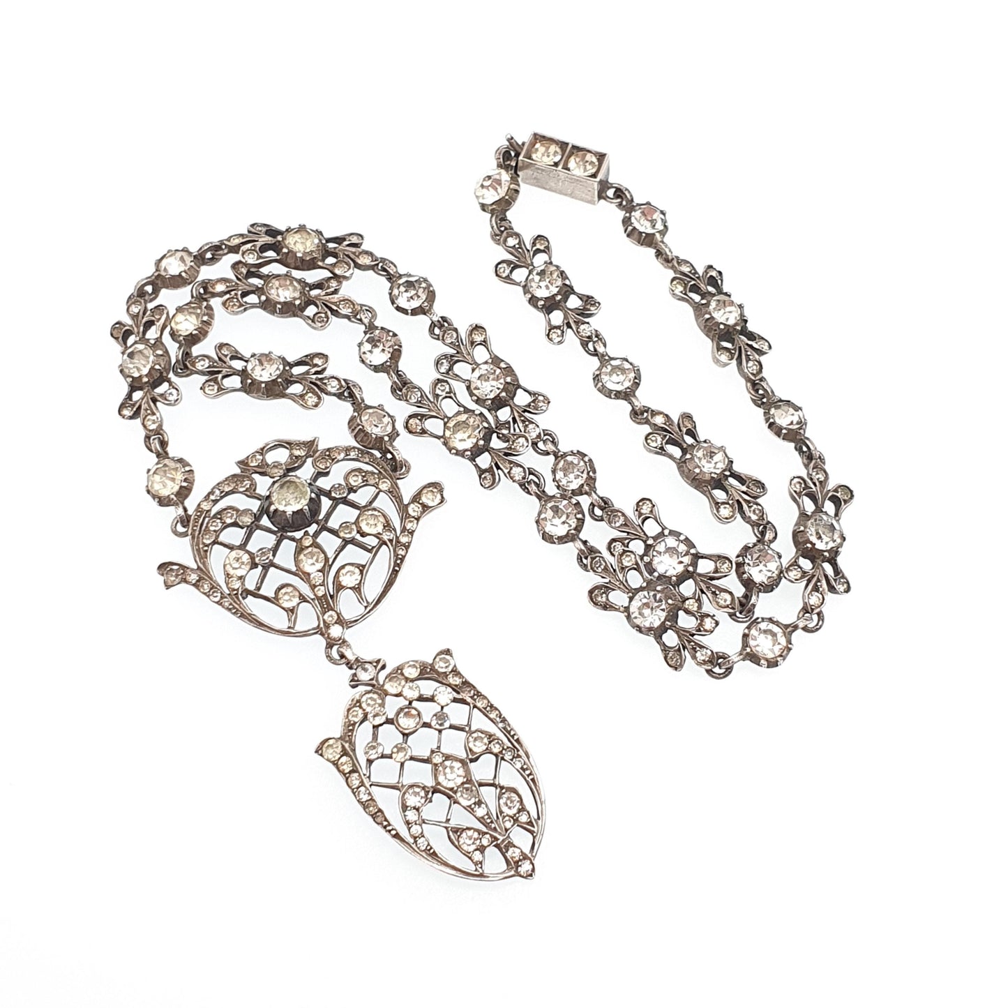 Antique Georgian Solid Silver Paste Necklace Lavaliere Pendant Foiled Pastes Diamond Tone Jewelry Jewellery