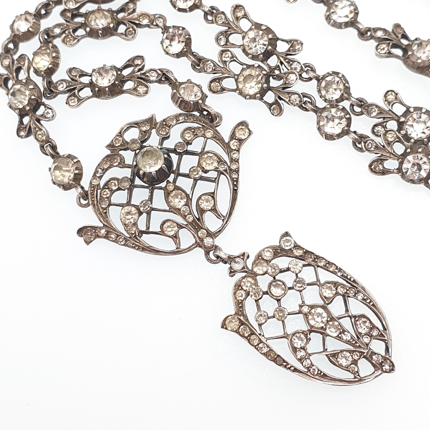 Antique Georgian Solid Silver Paste Necklace Lavaliere Pendant Foiled Pastes Diamond Tone Jewelry Jewellery