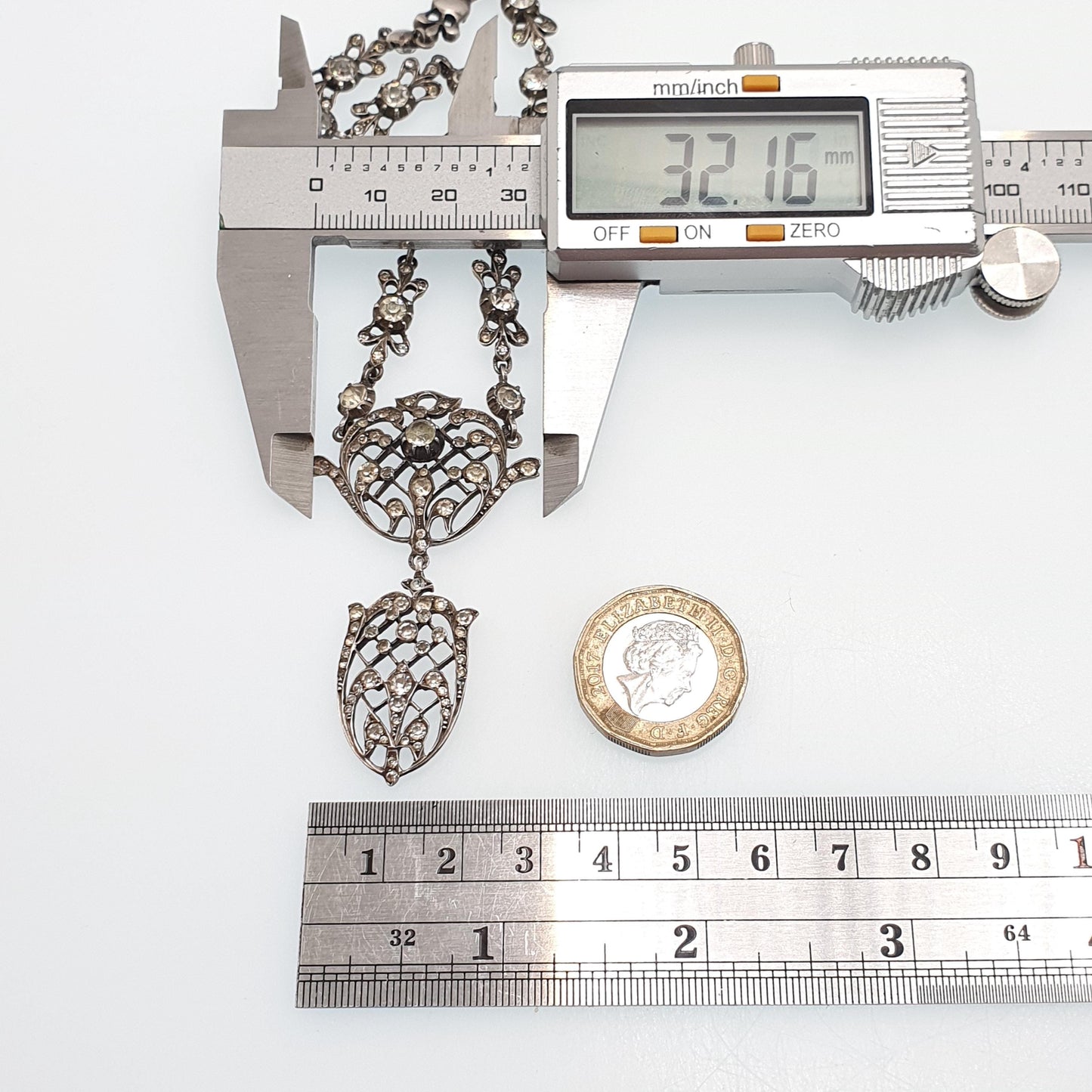 Antique Georgian Solid Silver Paste Necklace Lavaliere Pendant Foiled Pastes Diamond Tone Jewelry Jewellery