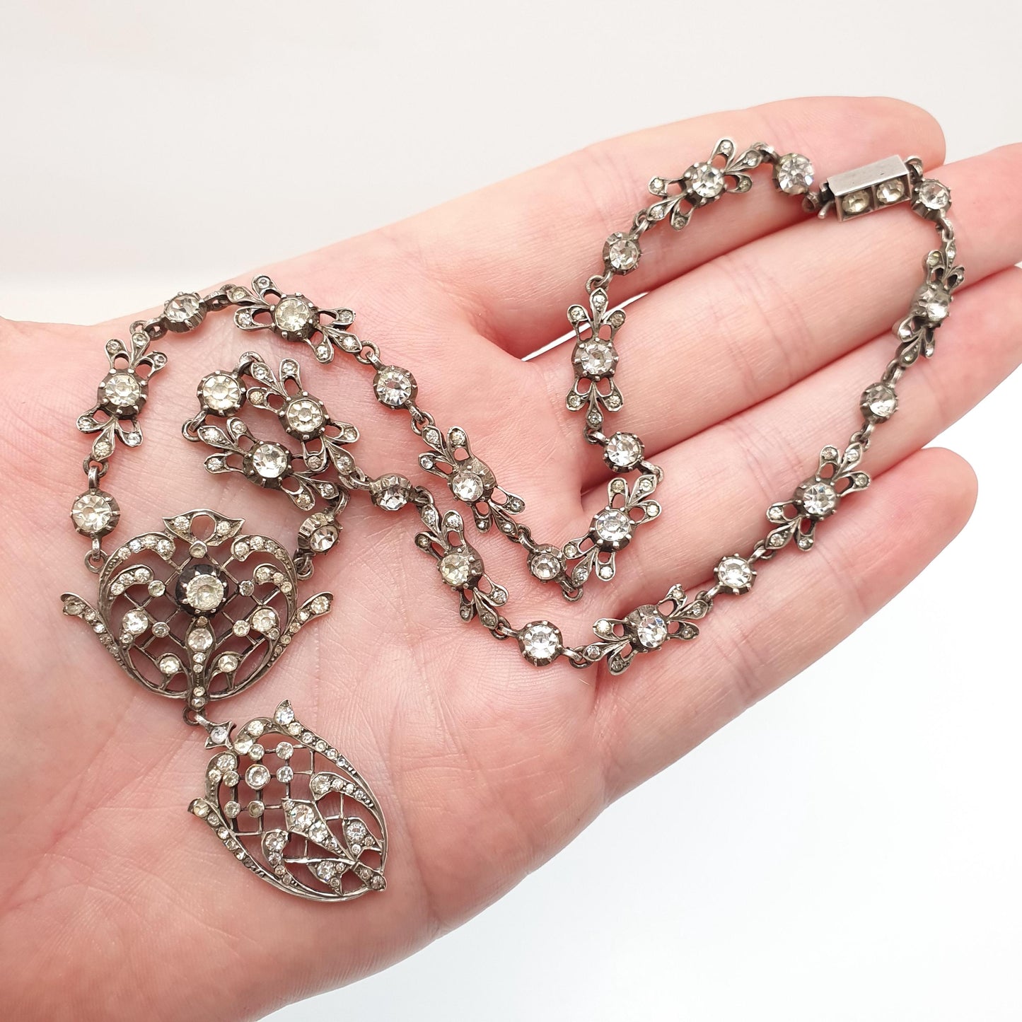 Antique Georgian Solid Silver Paste Necklace Lavaliere Pendant Foiled Pastes Diamond Tone Jewelry Jewellery