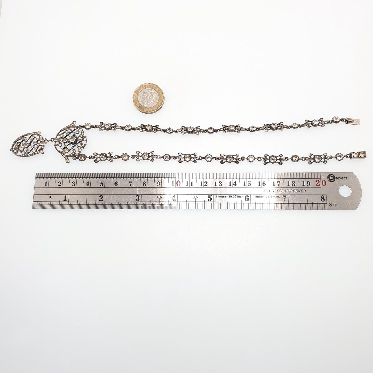 Antique Georgian Solid Silver Paste Necklace Lavaliere Pendant Foiled Pastes Diamond Tone Jewelry Jewellery