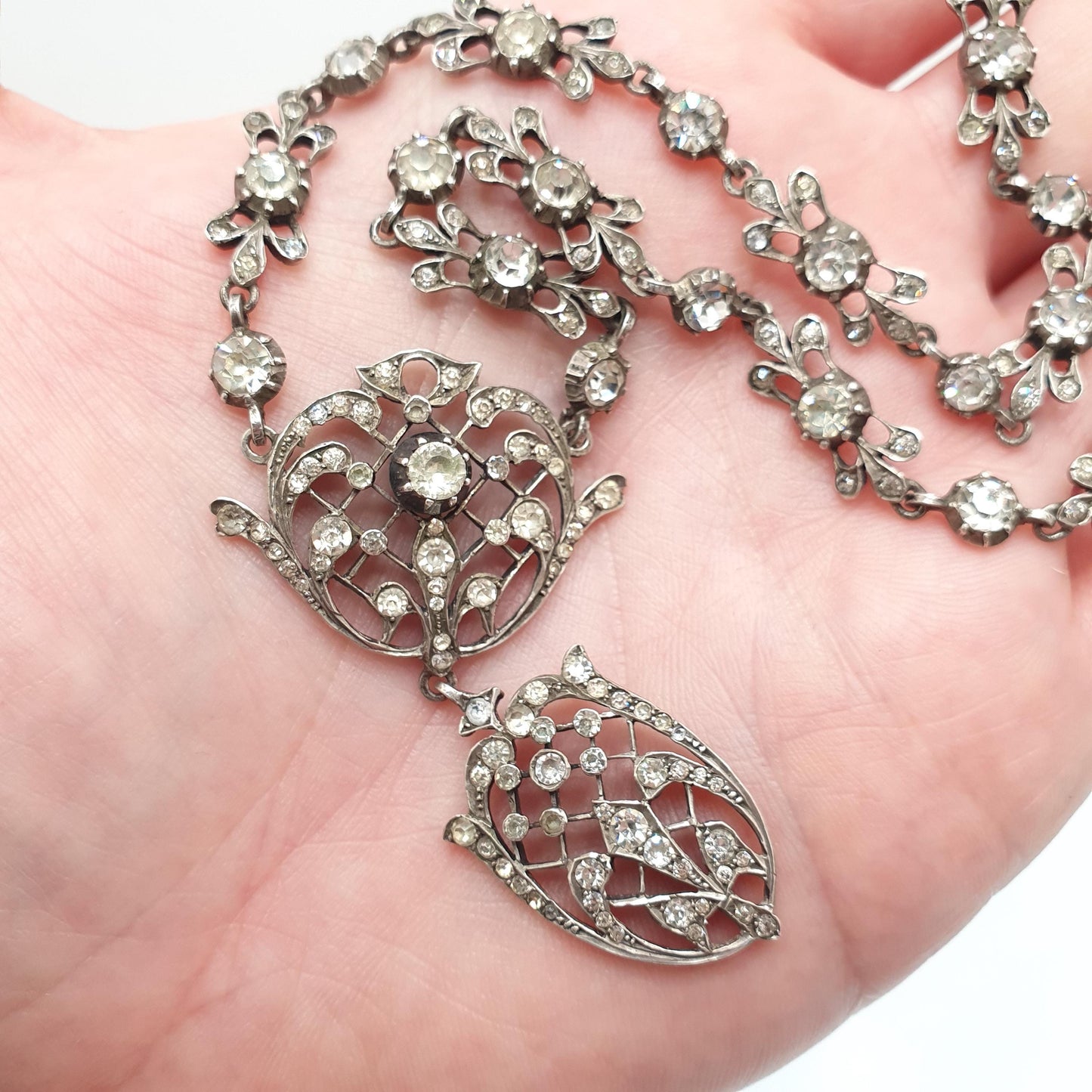 Antique Georgian Solid Silver Paste Necklace Lavaliere Pendant Foiled Pastes Diamond Tone Jewelry Jewellery