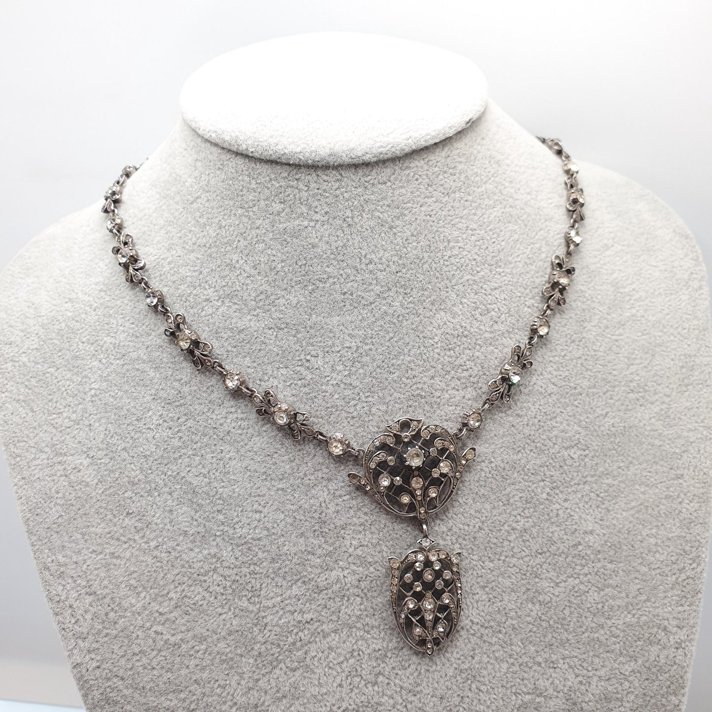 Antique Georgian Solid Silver Paste Necklace Lavaliere Pendant Foiled Pastes Diamond Tone Jewelry Jewellery