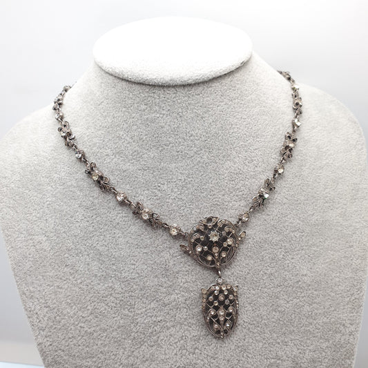 Antique Georgian Solid Silver Paste Necklace Lavaliere Pendant Foiled Pastes Diamond Tone Jewelry Jewellery