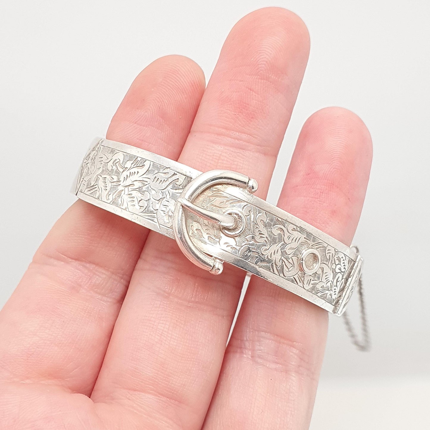 Antique Victorian Sterling Silver Buckle Bracelet Snap Bangle 1882 Hallmark 18.94g Belt Hand Engraved 1800s Vintage Womens