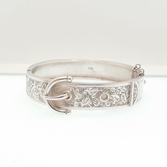 Antique Victorian Sterling Silver Buckle Bracelet Snap Bangle 1882 Hallmark 18.94g Belt Hand Engraved 1800s Vintage Womens