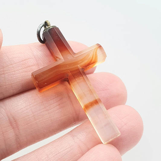 Antique Victorian Banded Agate Cross Crucifix Orange and White Quartz Gemstone Base Metal Women’s Men’s Jewelry Jewellery