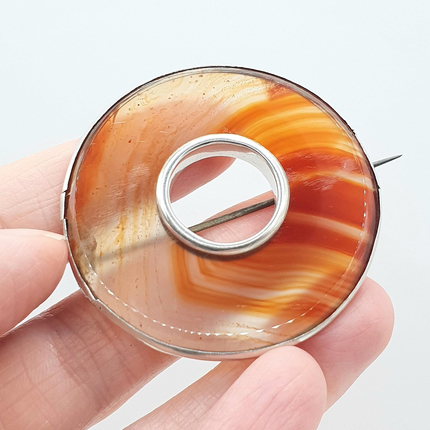 Antique Victorian Banded Agate Solid Silver Brooch Donut Polo Orange White Quartz Large Womens Ladies Jewelry Jewellery