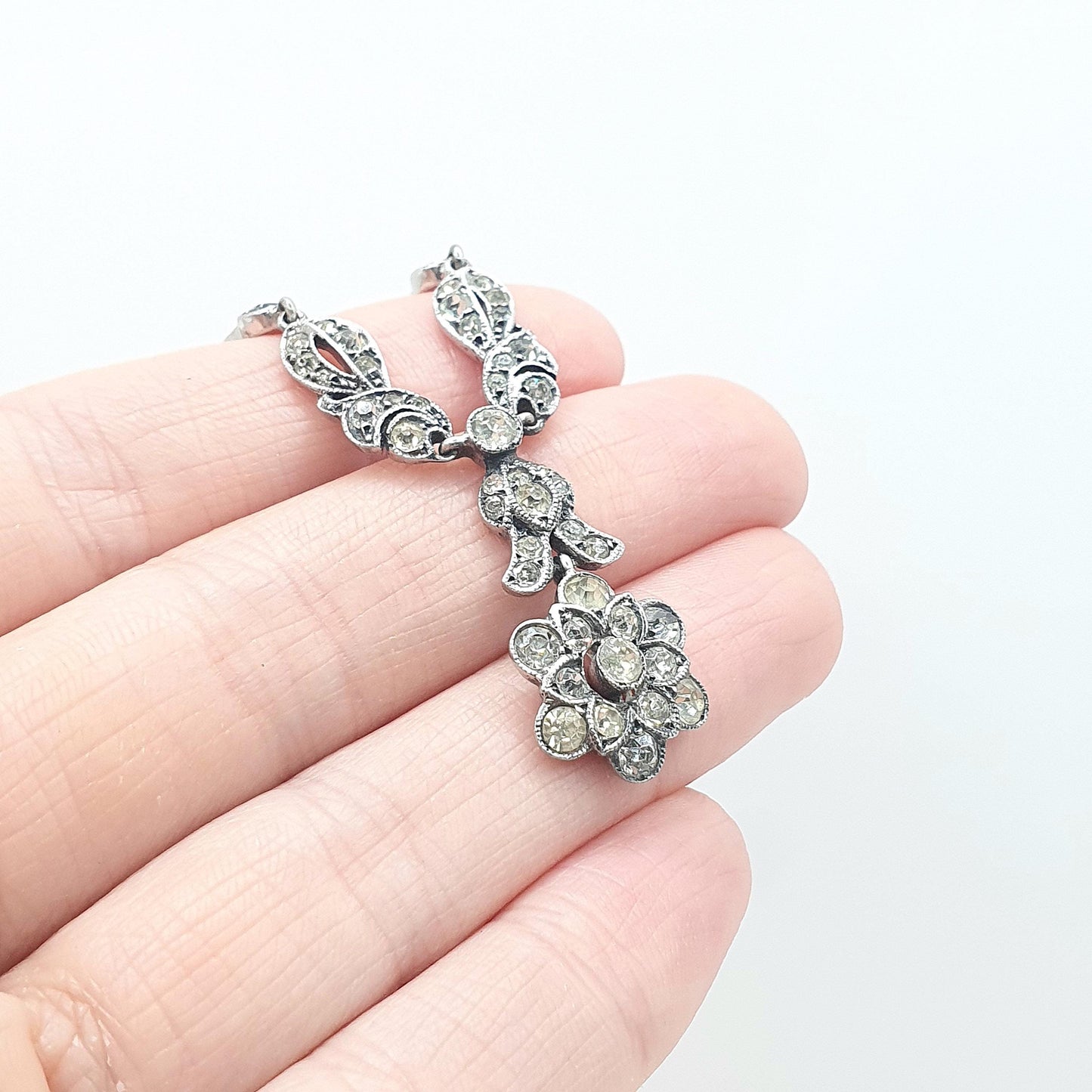 Antique Art Deco Solid Silver Diamond Paste Necklace Flower Drop Floral Rhodium Plated Sparkly Vintage Jewellery Womens Jewelry
