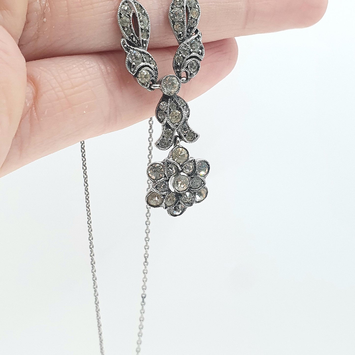 Antique Art Deco Solid Silver Diamond Paste Necklace Flower Drop Floral Rhodium Plated Sparkly Vintage Jewellery Womens Jewelry