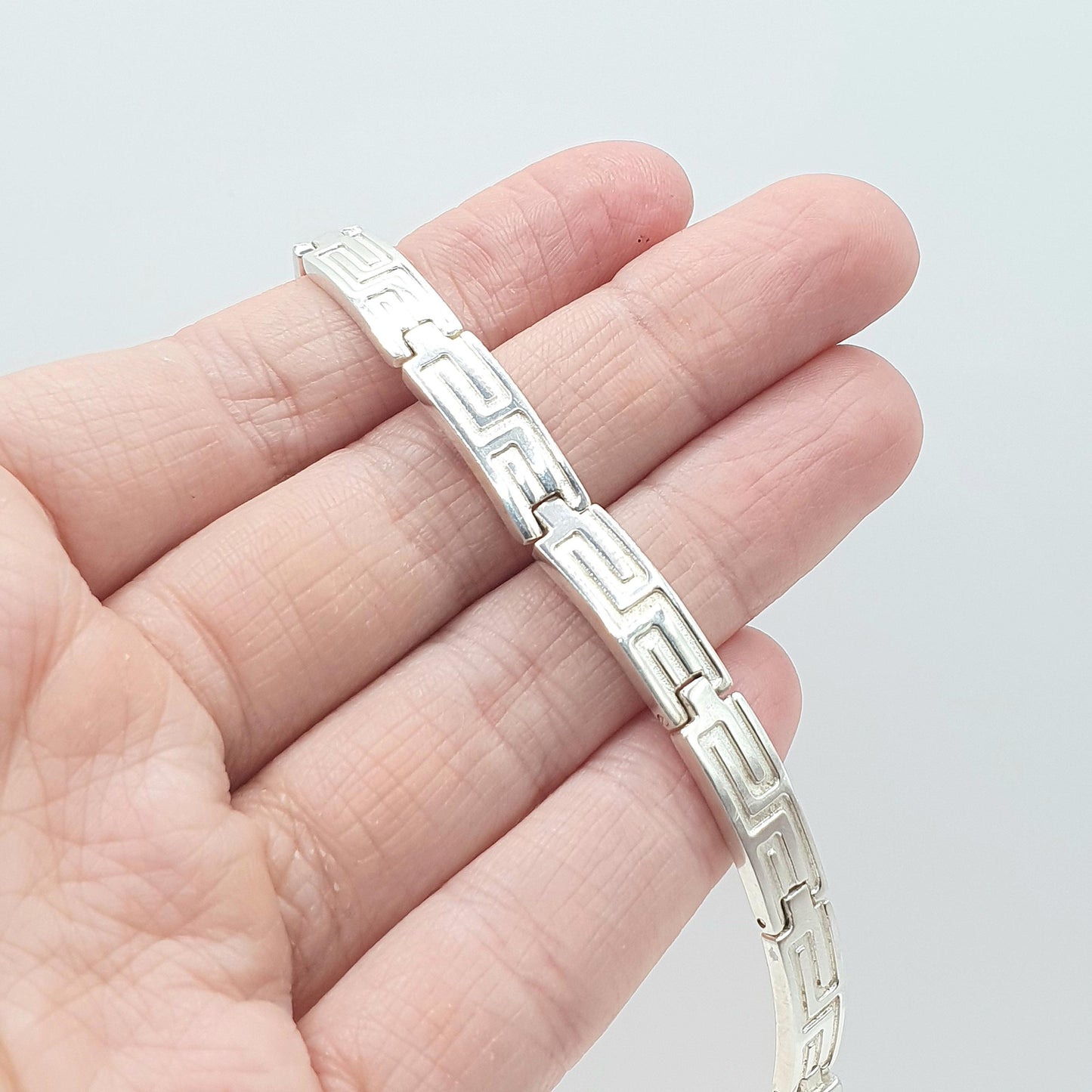 Vintage Sterling Silver Greek Key Pattern Bracelet Magnetic 18.5cm 26.86g Heavy Geometric Womens Jewelry Jewellery