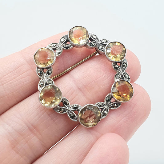 Antique Art Deco Solid Silver Citrine & Marcasite Brooch Wreath Style Genuine Orange Gemstone Vintage Womens Jewelry Jewellery