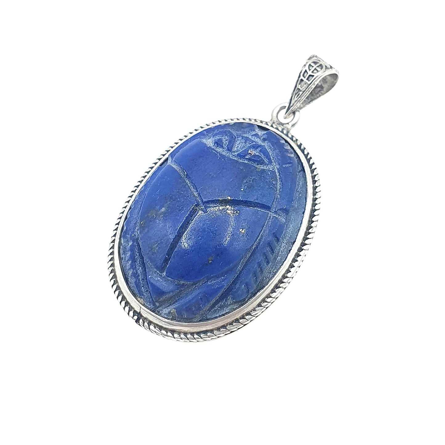Old Vintage Solid Silver Lapis Lazuli Scarab Beetle Cameo Pendant Egyptian Egypt Genuine Gemstone Mens Womens Jewelry Jewellery