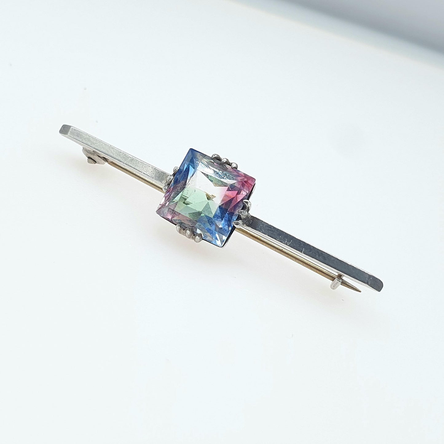 Antique Solid Silver Iris Rainbow Glass Brooch Square Cut Tutti Fruitti Art Deco Bar Pin Women’s Jewellery Jewelry Men’s Unisex Vintage
