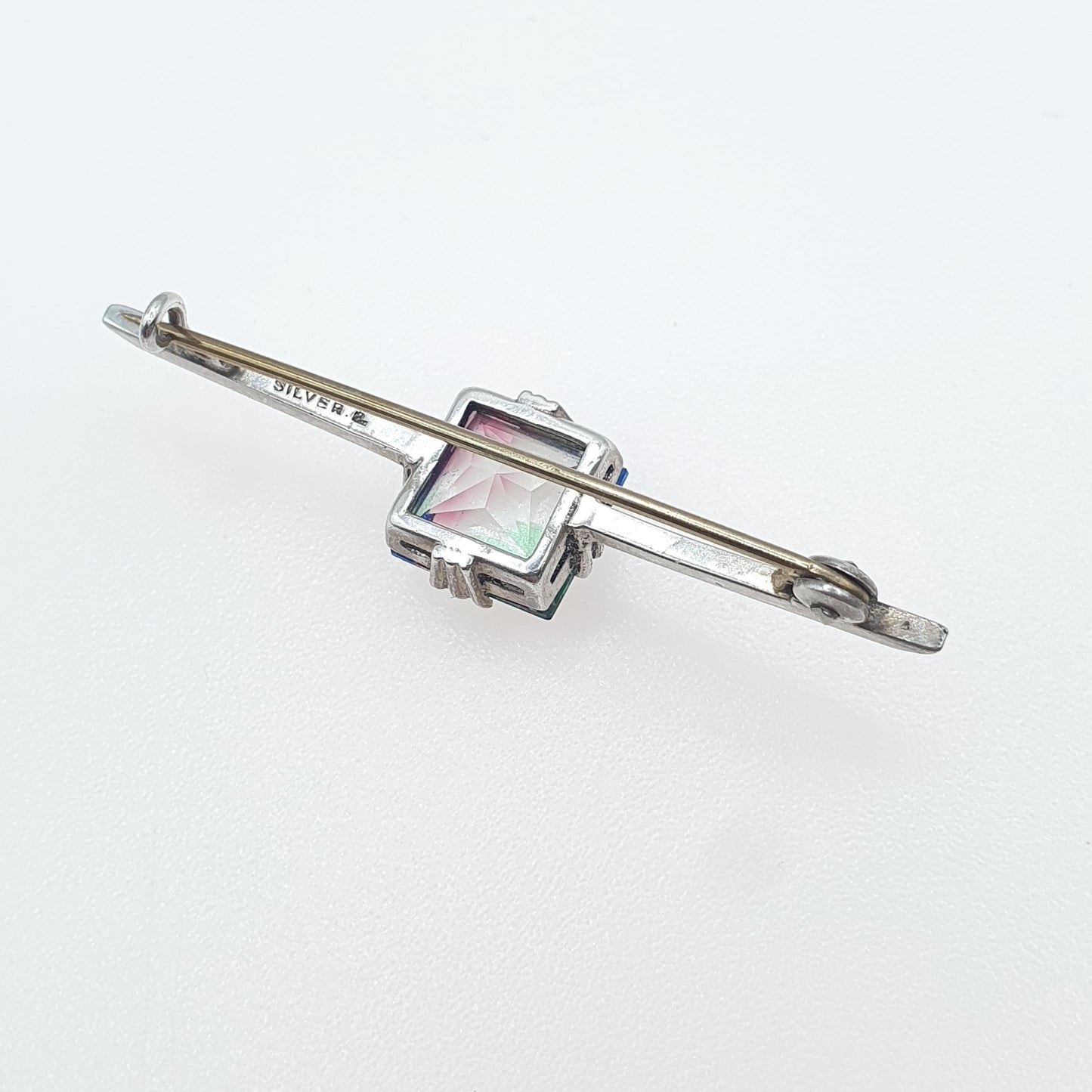 Antique Solid Silver Iris Rainbow Glass Brooch Square Cut Tutti Fruitti Art Deco Bar Pin Women’s Jewellery Jewelry Men’s Unisex Vintage