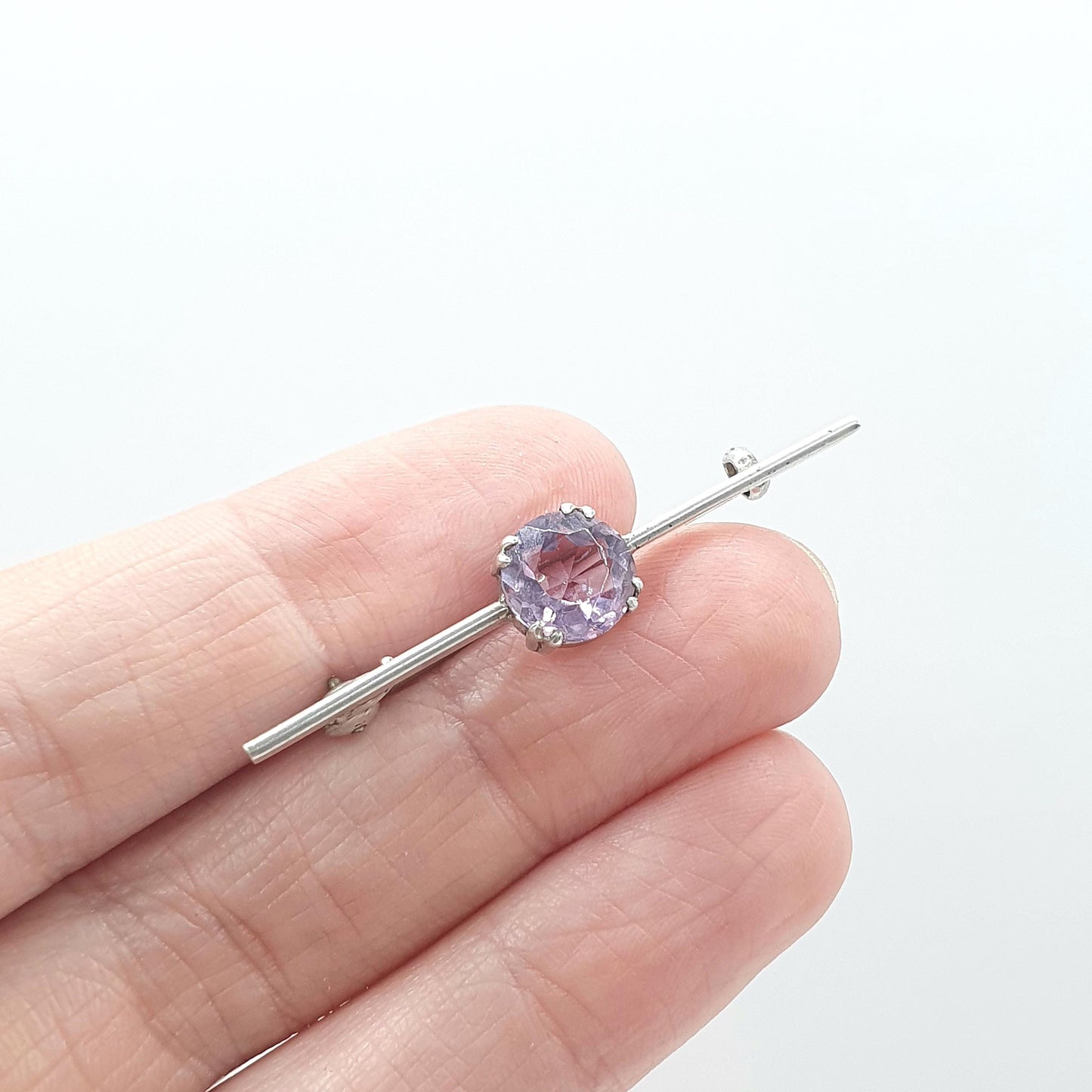 Antique Solid Silver Amethyst Brooch Round Cut Bar Pin Genuine Gemstone Vintage Lilac Purple Womens Unisex Jewelry