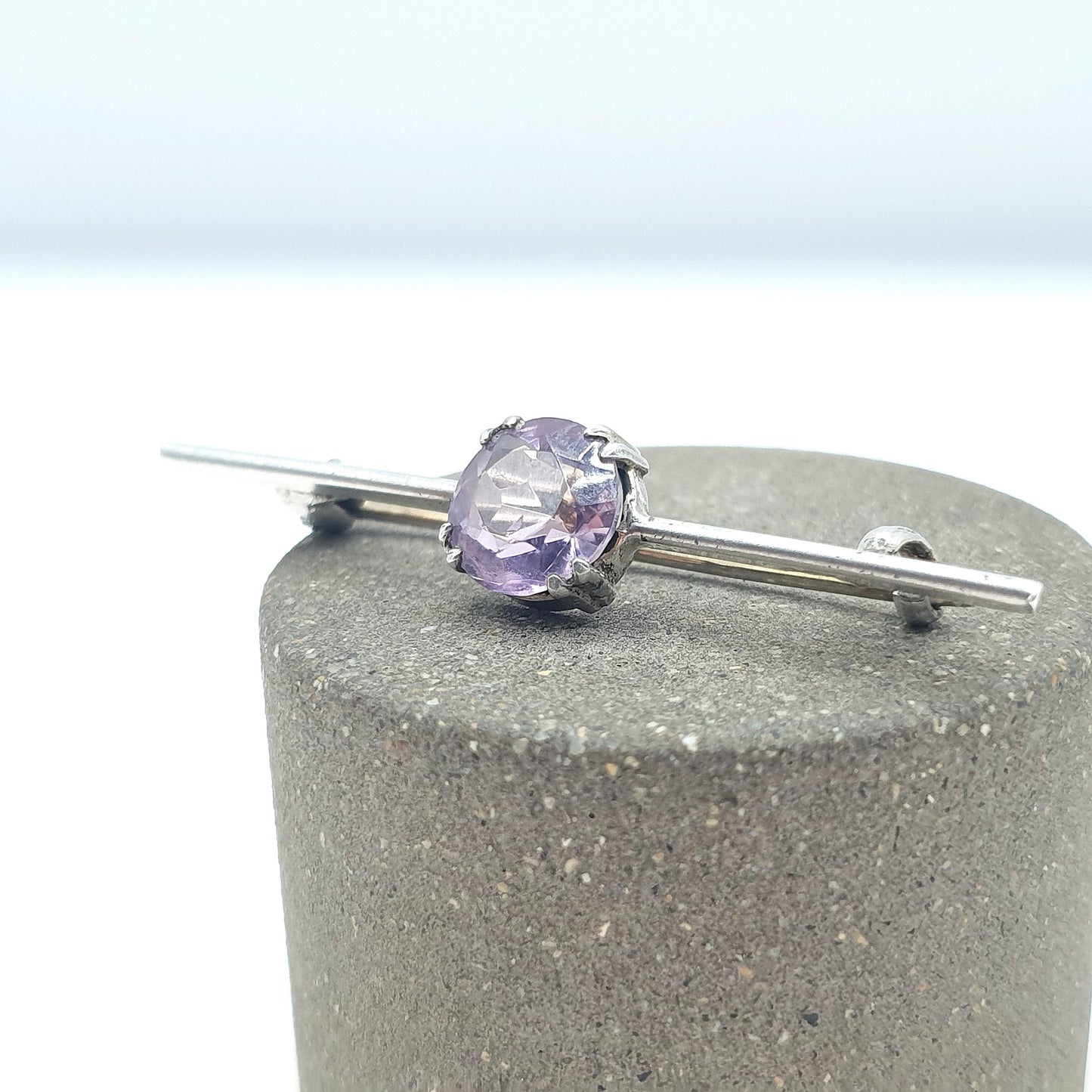 Antique Solid Silver Amethyst Brooch Round Cut Bar Pin Genuine Gemstone Vintage Lilac Purple Womens Unisex Jewelry