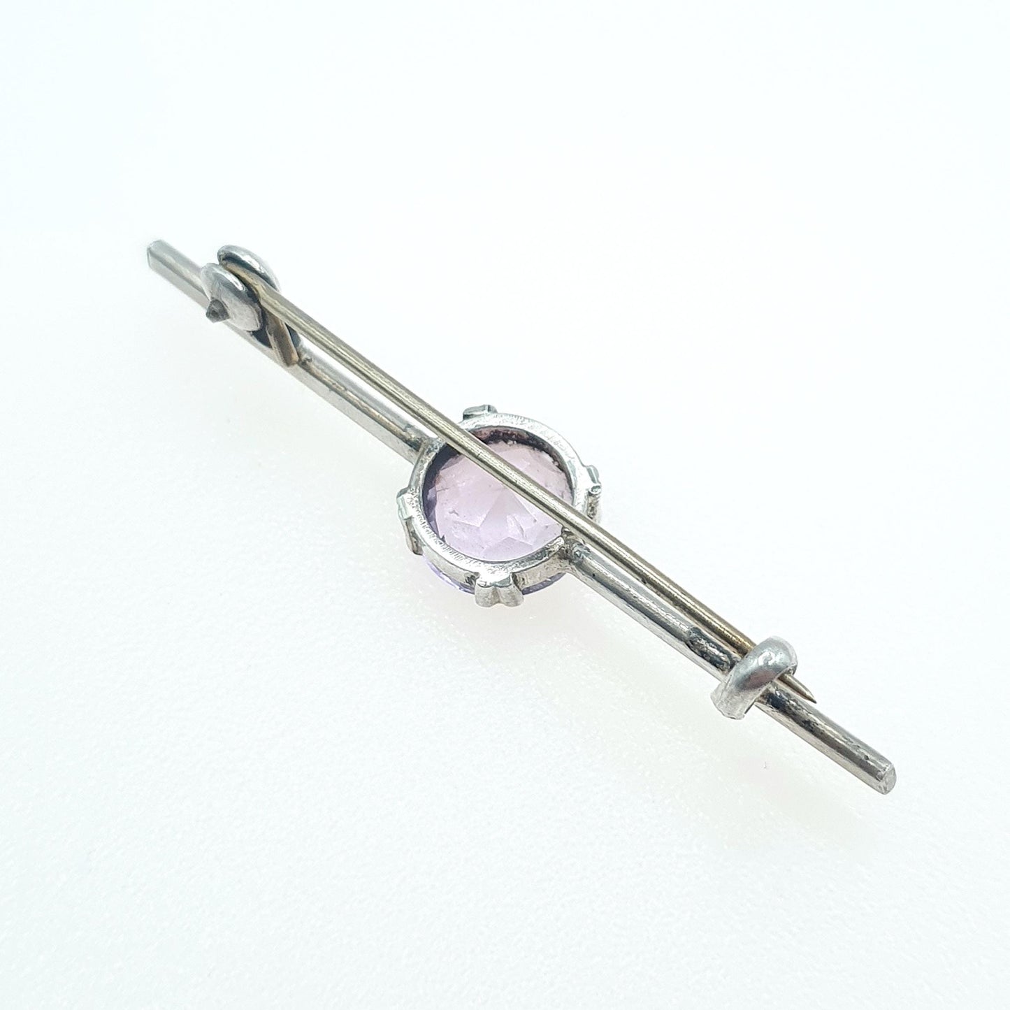 Antique Solid Silver Amethyst Brooch Round Cut Bar Pin Genuine Gemstone Vintage Lilac Purple Womens Unisex Jewelry