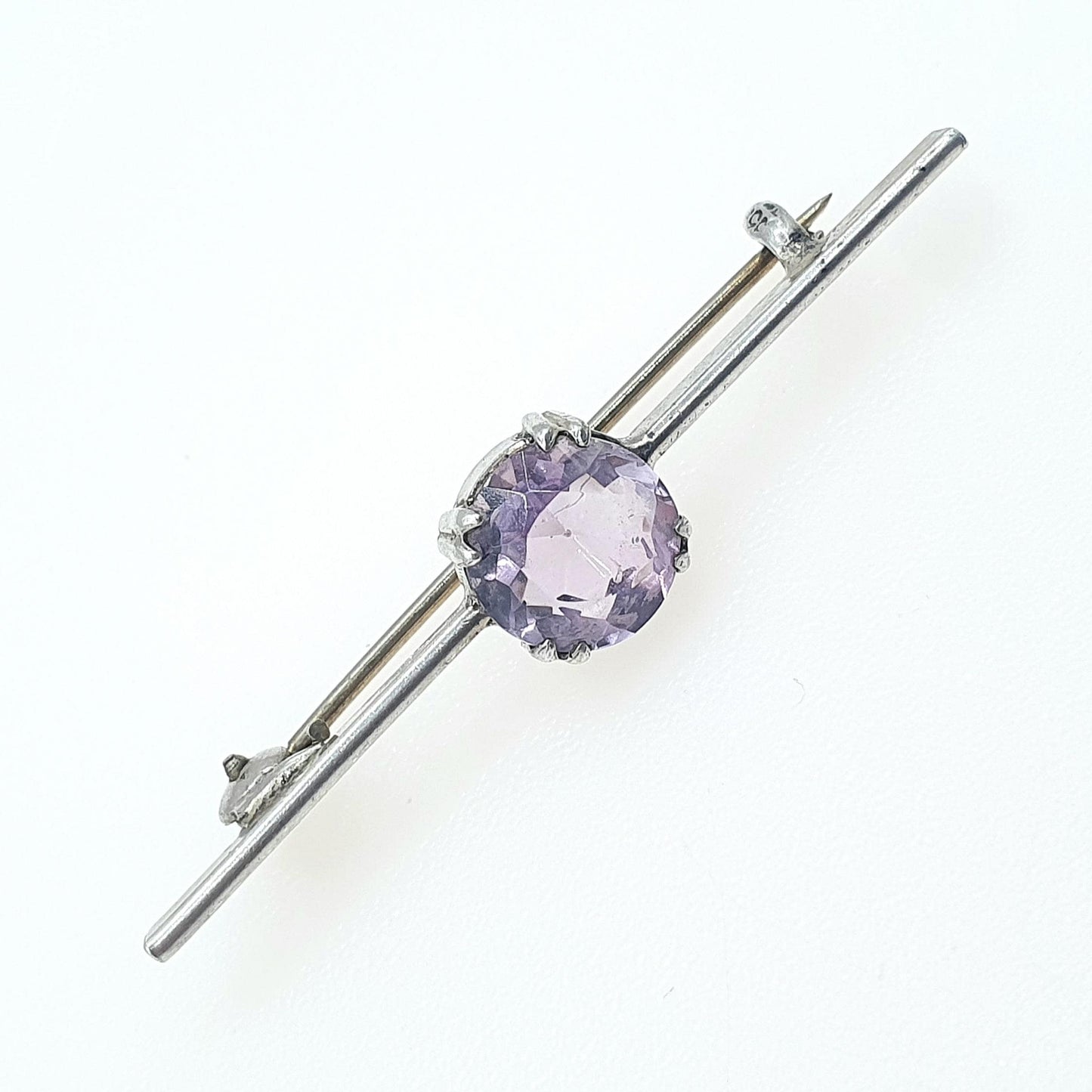Antique Solid Silver Amethyst Brooch Round Cut Bar Pin Genuine Gemstone Vintage Lilac Purple Womens Unisex Jewelry