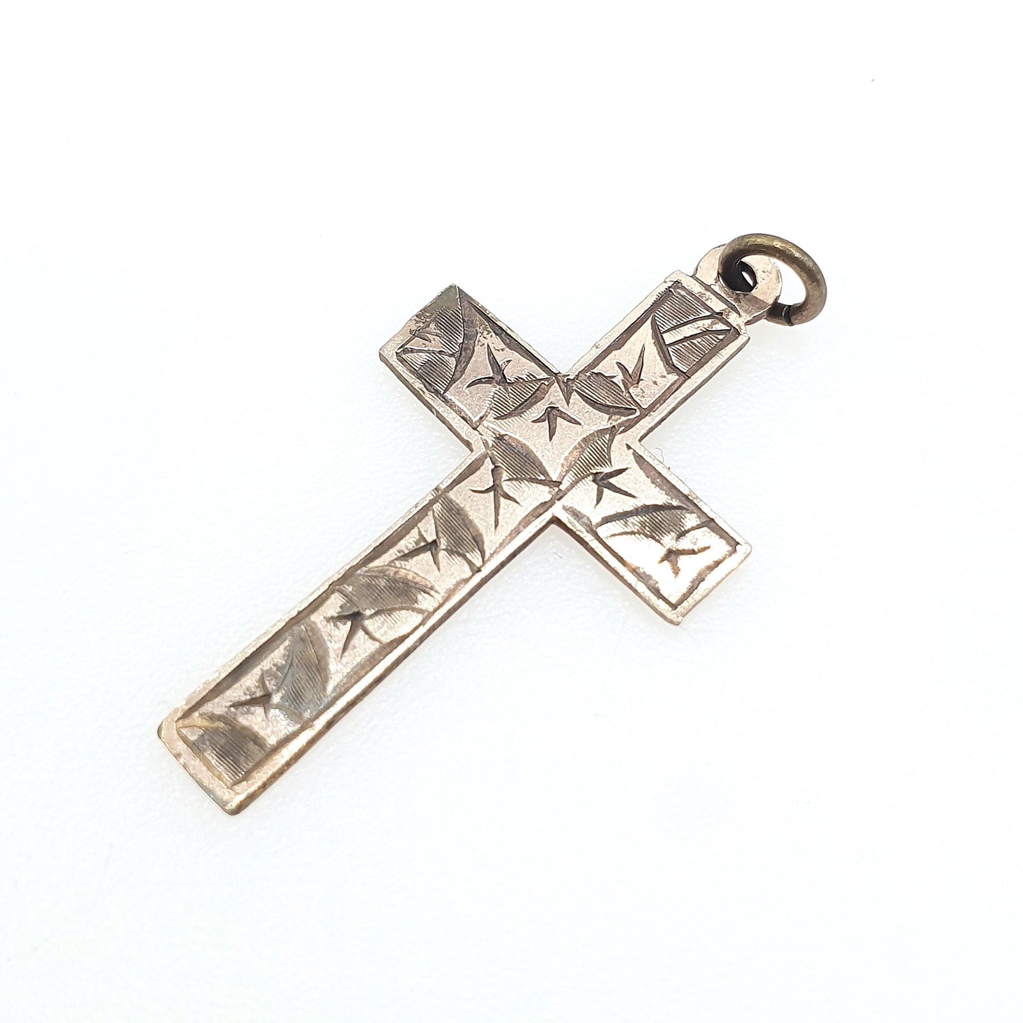 Antique Rolled Gold Crucifix Pendant Hand Engraved Leaf Pattern Gold Filled Front Necklace Victorian Catholic Christian Jewelry Jewellery
