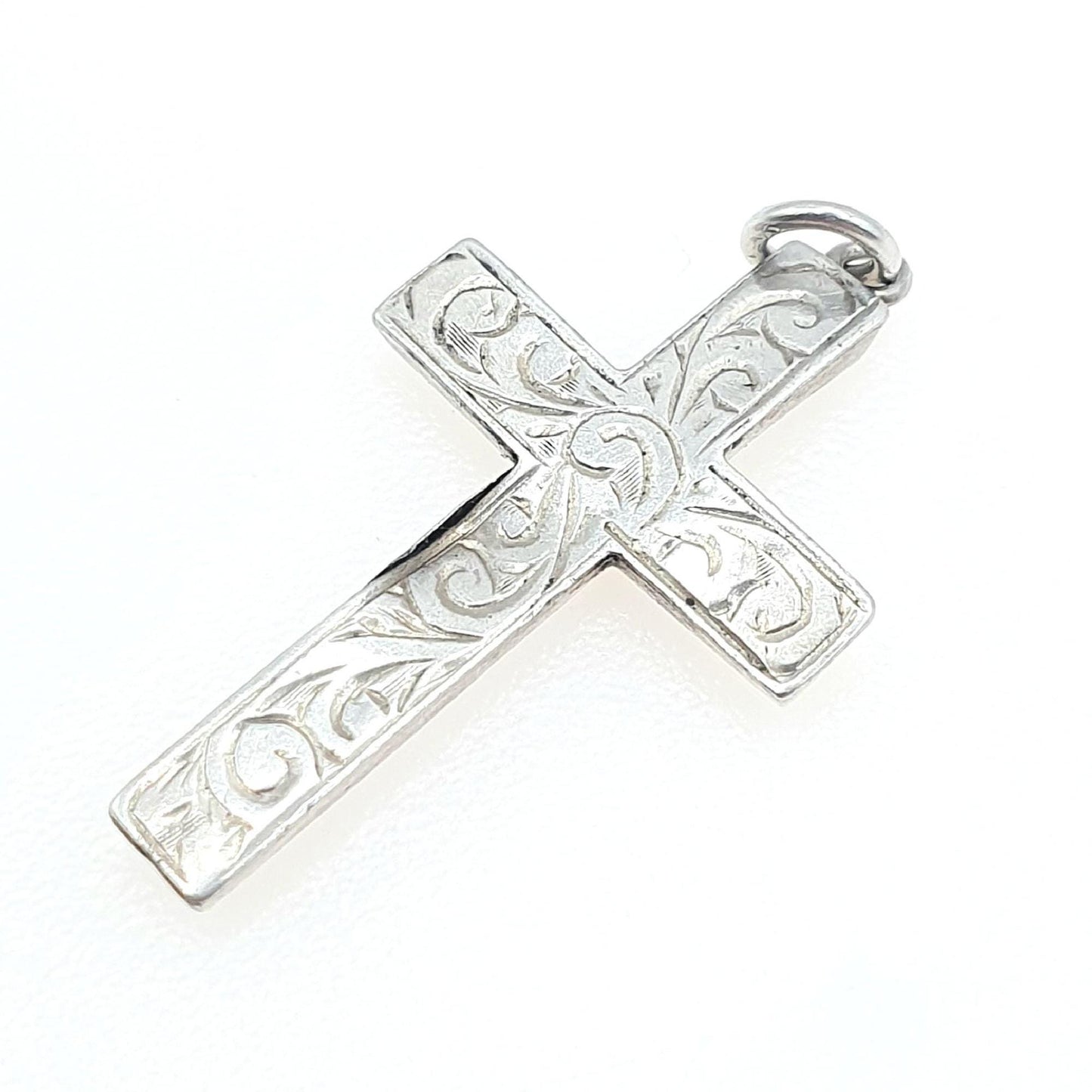Antique Sterling Silver Crucifix Cross Pendant Necklace Scroll Engraved Catholic Christian Religious Jewellery Jewelry Vintage Womens Mens