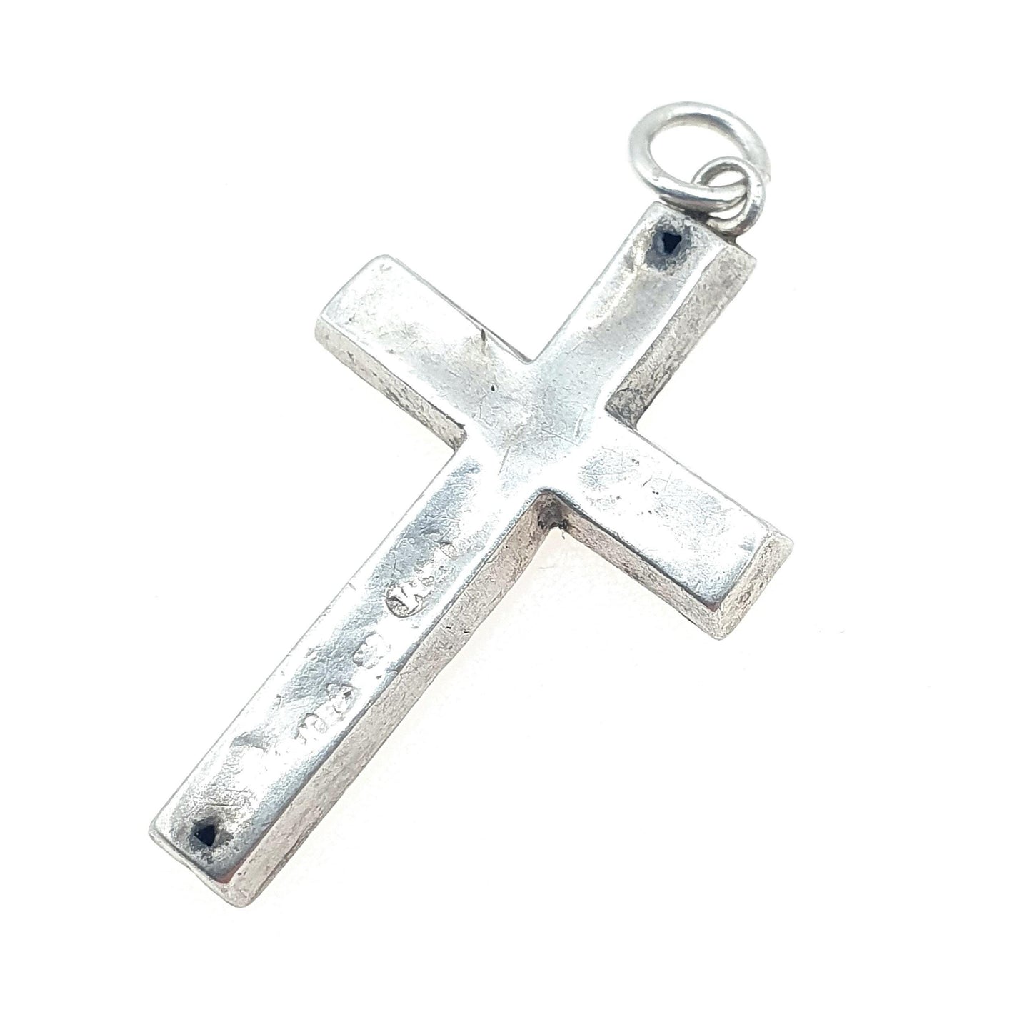 Antique Sterling Silver Crucifix Cross Pendant Necklace Scroll Engraved Catholic Christian Religious Jewellery Jewelry Vintage Womens Mens