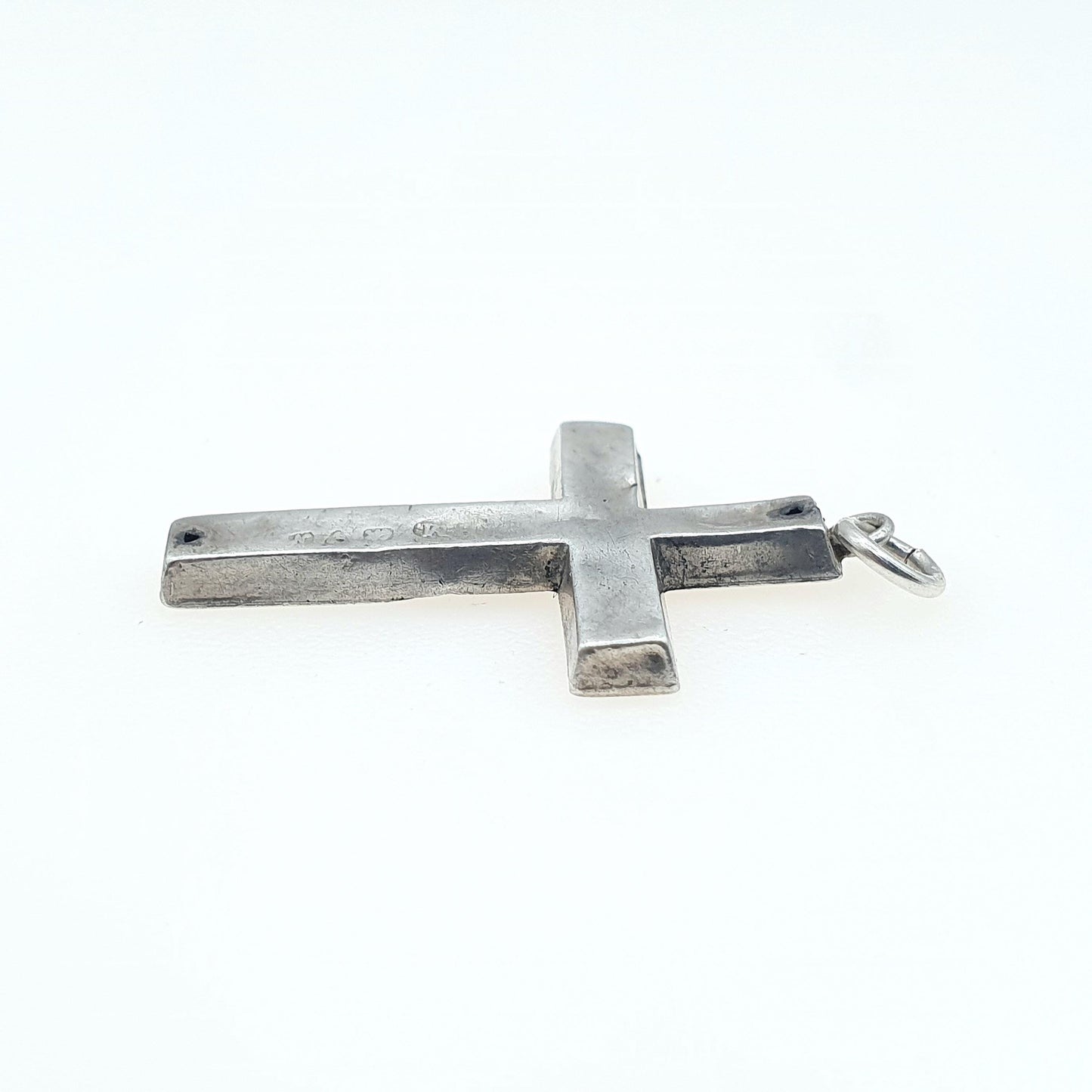 Antique Sterling Silver Crucifix Cross Pendant Necklace Scroll Engraved Catholic Christian Religious Jewellery Jewelry Vintage Womens Mens