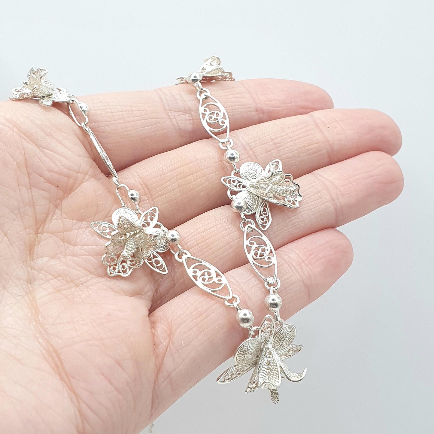 Antique Solid Silver Filigree Flower Necklace Handmade Floral Original Clasp Womens Ladies Jewelry Retro Jewellery