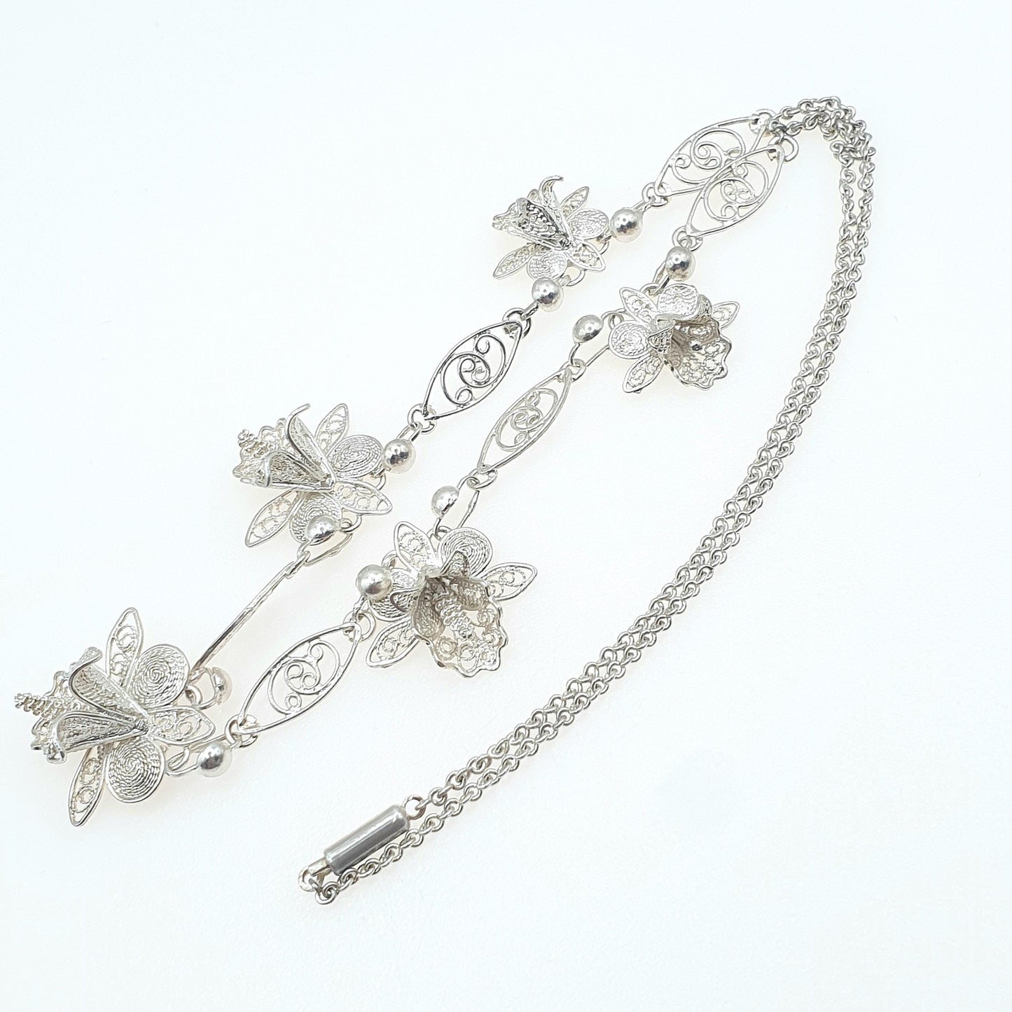 Antique Solid Silver Filigree Flower Necklace Handmade Floral Original Clasp Womens Ladies Jewelry Retro Jewellery