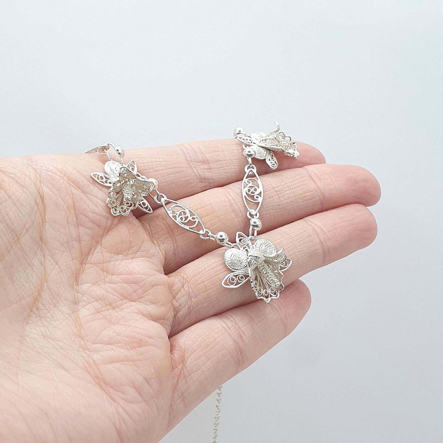 Antique Solid Silver Filigree Flower Necklace Handmade Floral Original Clasp Womens Ladies Jewelry Retro Jewellery