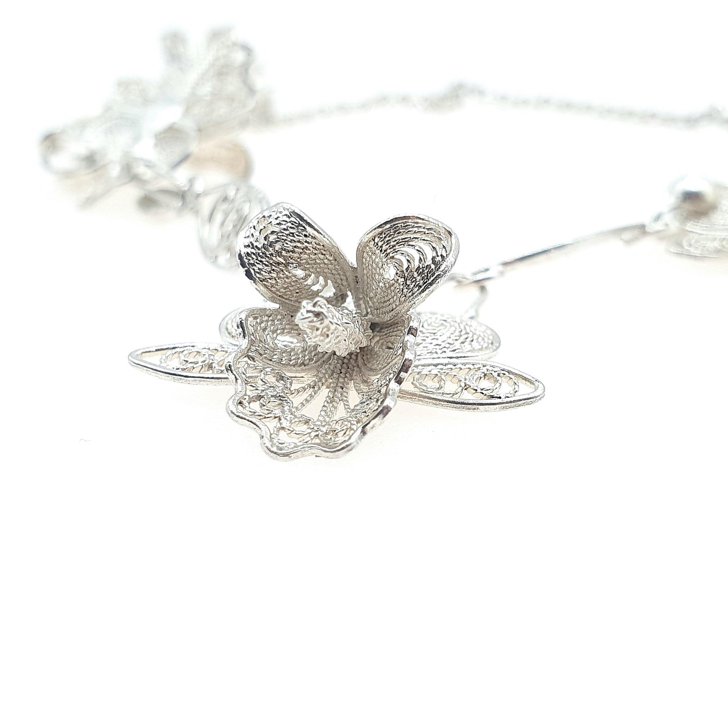 Antique Solid Silver Filigree Flower Necklace Handmade Floral Original Clasp Womens Ladies Jewelry Retro Jewellery