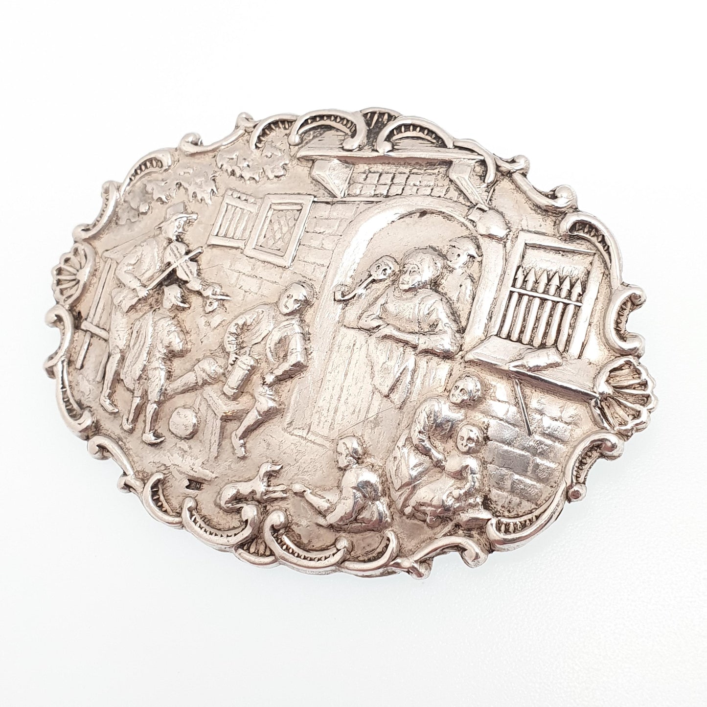 Antique Solid Silver Dutch Pub Brooch Victorian Bar Scene Drinking Large Big Vintage Jewelry Jewellery