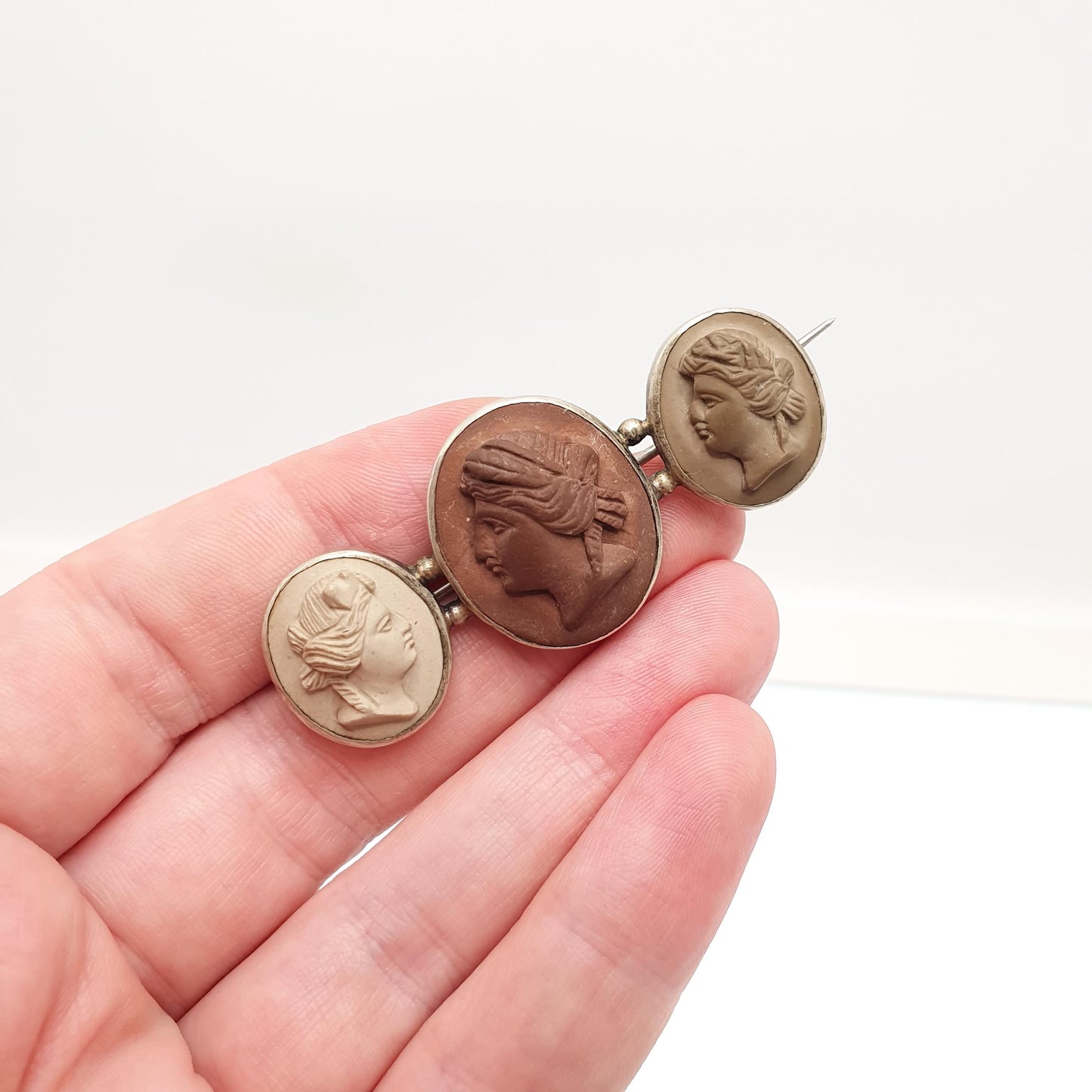 Antique Victorian Lava Cameo Brooch Triple High Relief Detailed Hand Carved Silver Tone Base Metal Vintage Jewelry Jewellery