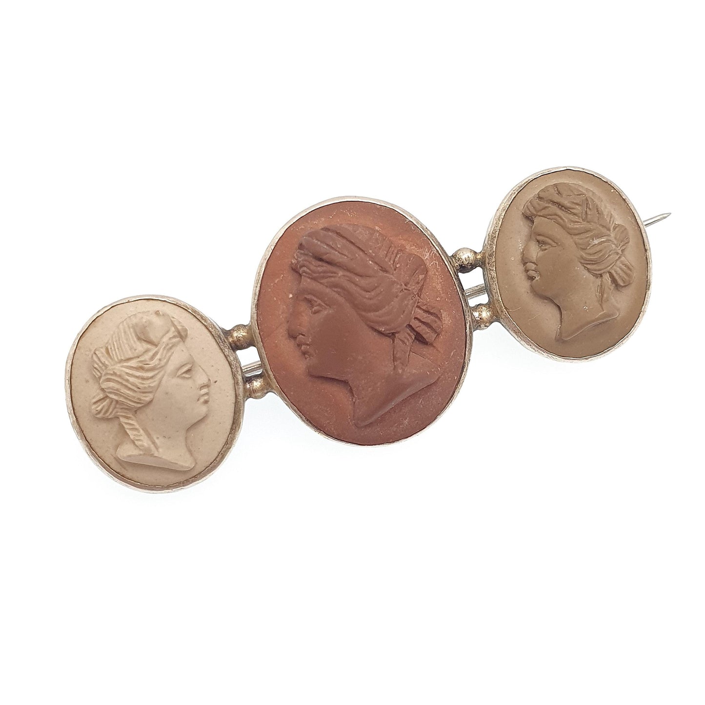 Antique Victorian Lava Cameo Brooch Triple High Relief Detailed Hand Carved Silver Tone Base Metal Vintage Jewelry Jewellery