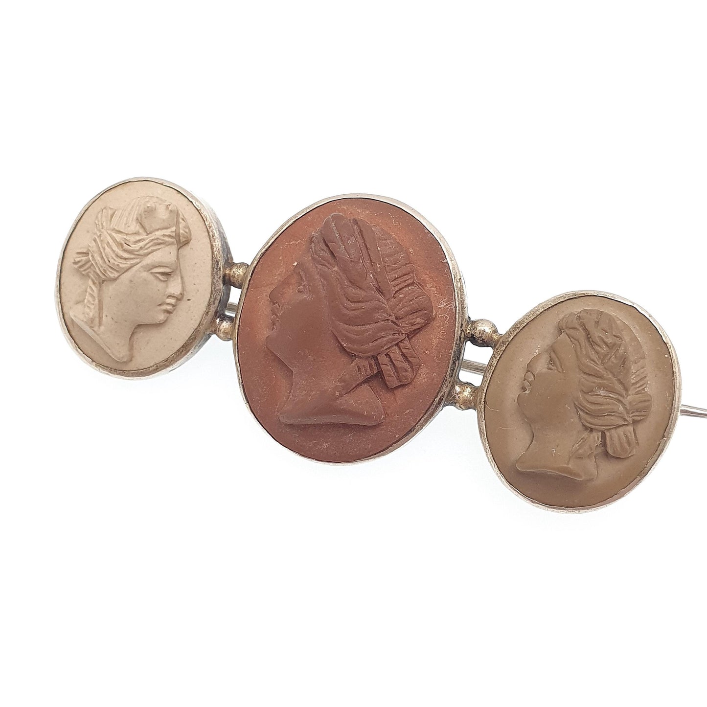 Antique Victorian Lava Cameo Brooch Triple High Relief Detailed Hand Carved Silver Tone Base Metal Vintage Jewelry Jewellery