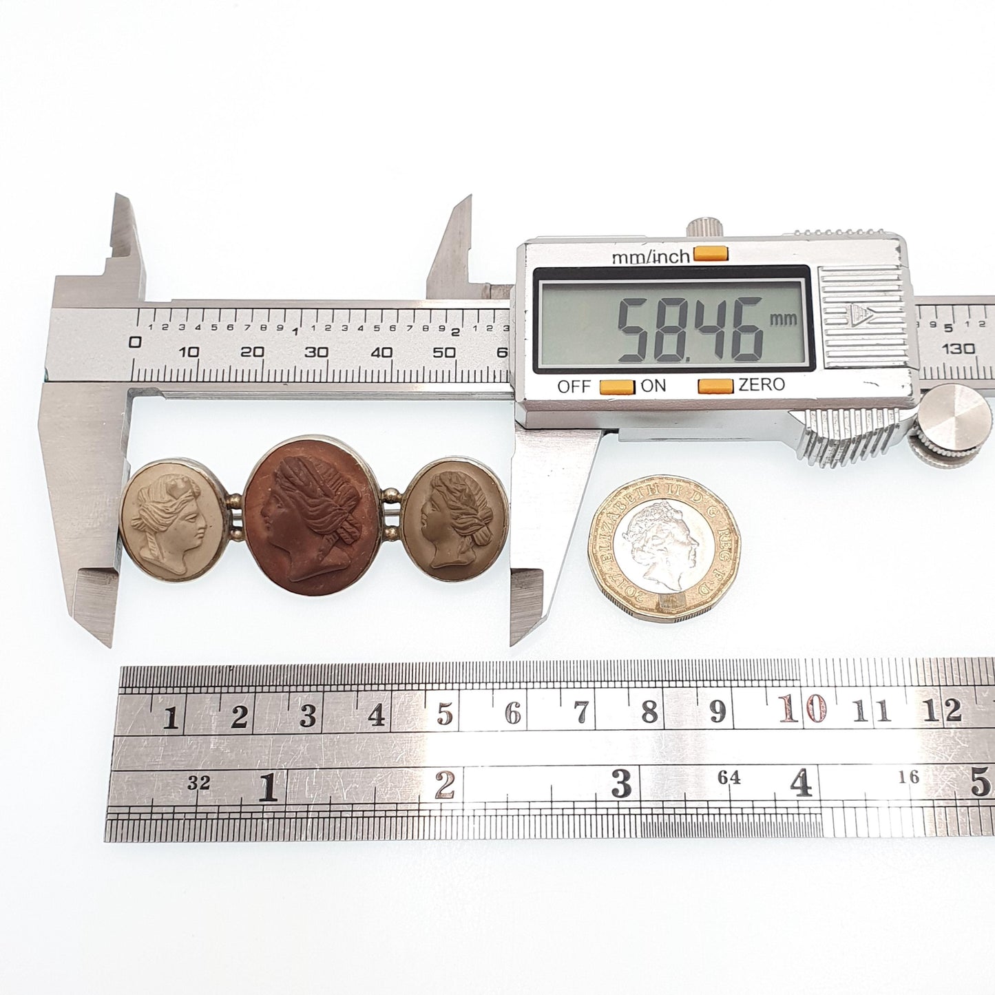 Antique Victorian Lava Cameo Brooch Triple High Relief Detailed Hand Carved Silver Tone Base Metal Vintage Jewelry Jewellery