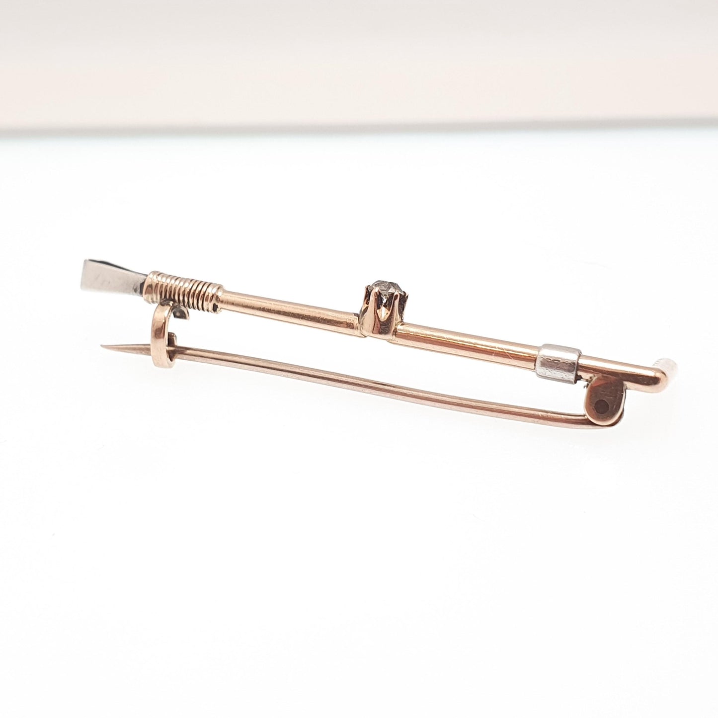 Antique 14kt 14k Gold Diamond Riding Crop Brooch Pin Victorian Solid 585 Old Cut Gemstone Horse Riding Jewelry Jewellery