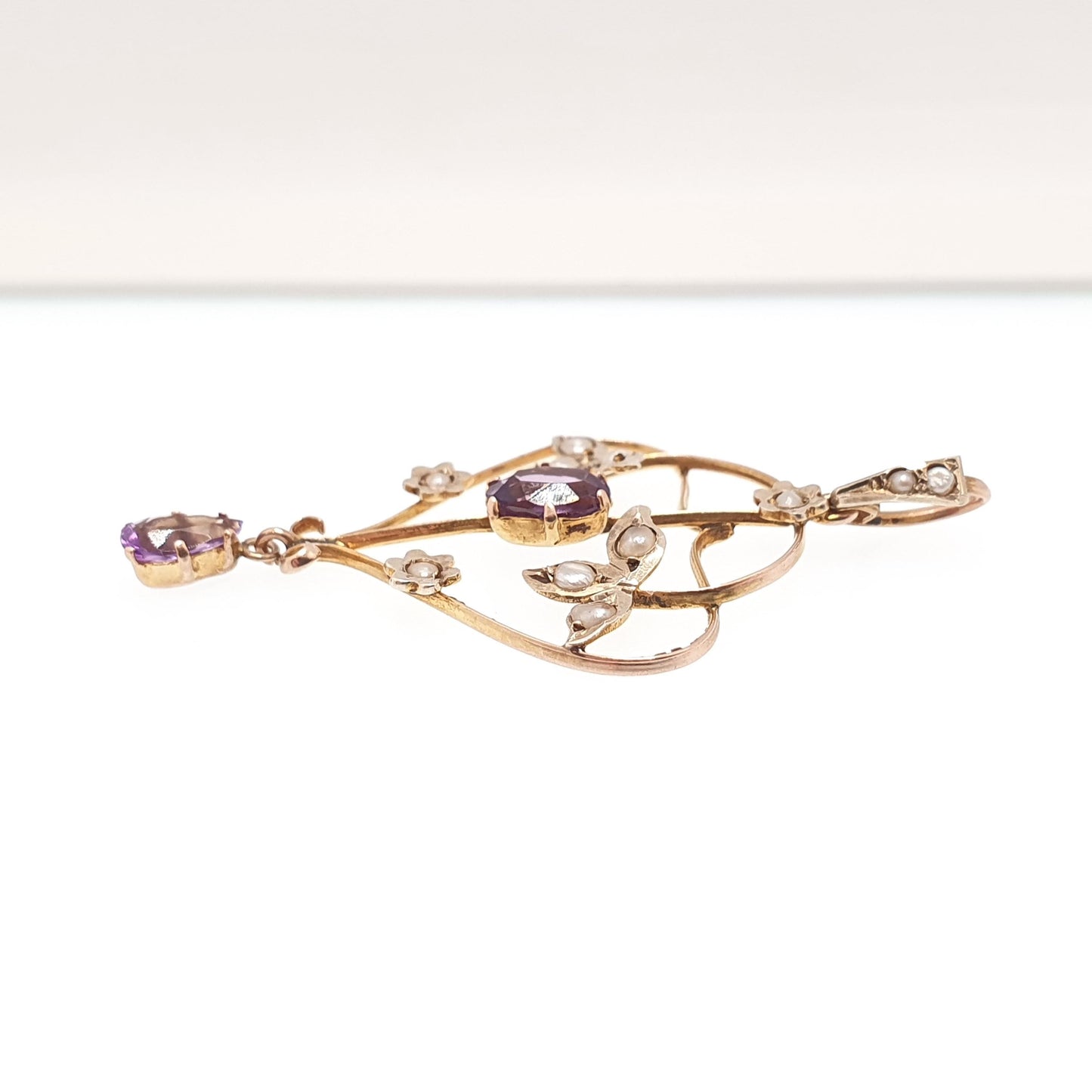 Antique 9ct Gold Amethyst Seed Pearl Pendant Necklace Brooch Edwardian Solid 375 Openwork Art Nouveau Vintage Jewellery Jewelry