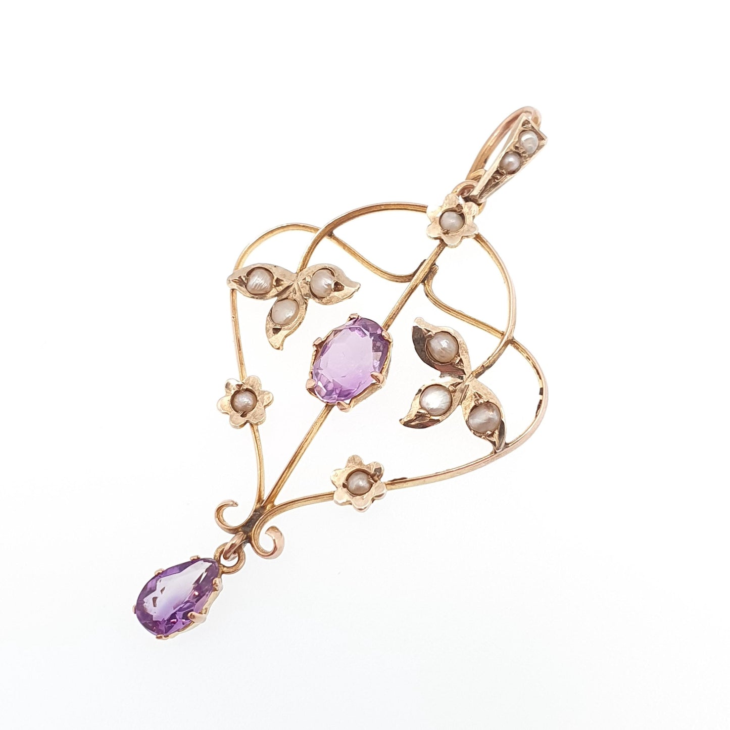 Antique 9ct Gold Amethyst Seed Pearl Pendant Necklace Brooch Edwardian Solid 375 Openwork Art Nouveau Vintage Jewellery Jewelry
