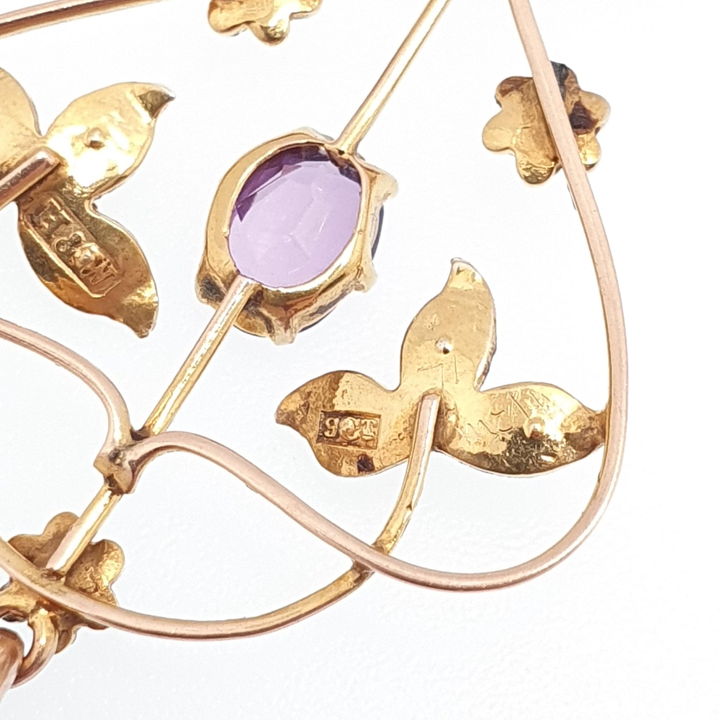 Antique 9ct Gold Amethyst Seed Pearl Pendant Necklace Brooch Edwardian Solid 375 Openwork Art Nouveau Vintage Jewellery Jewelry