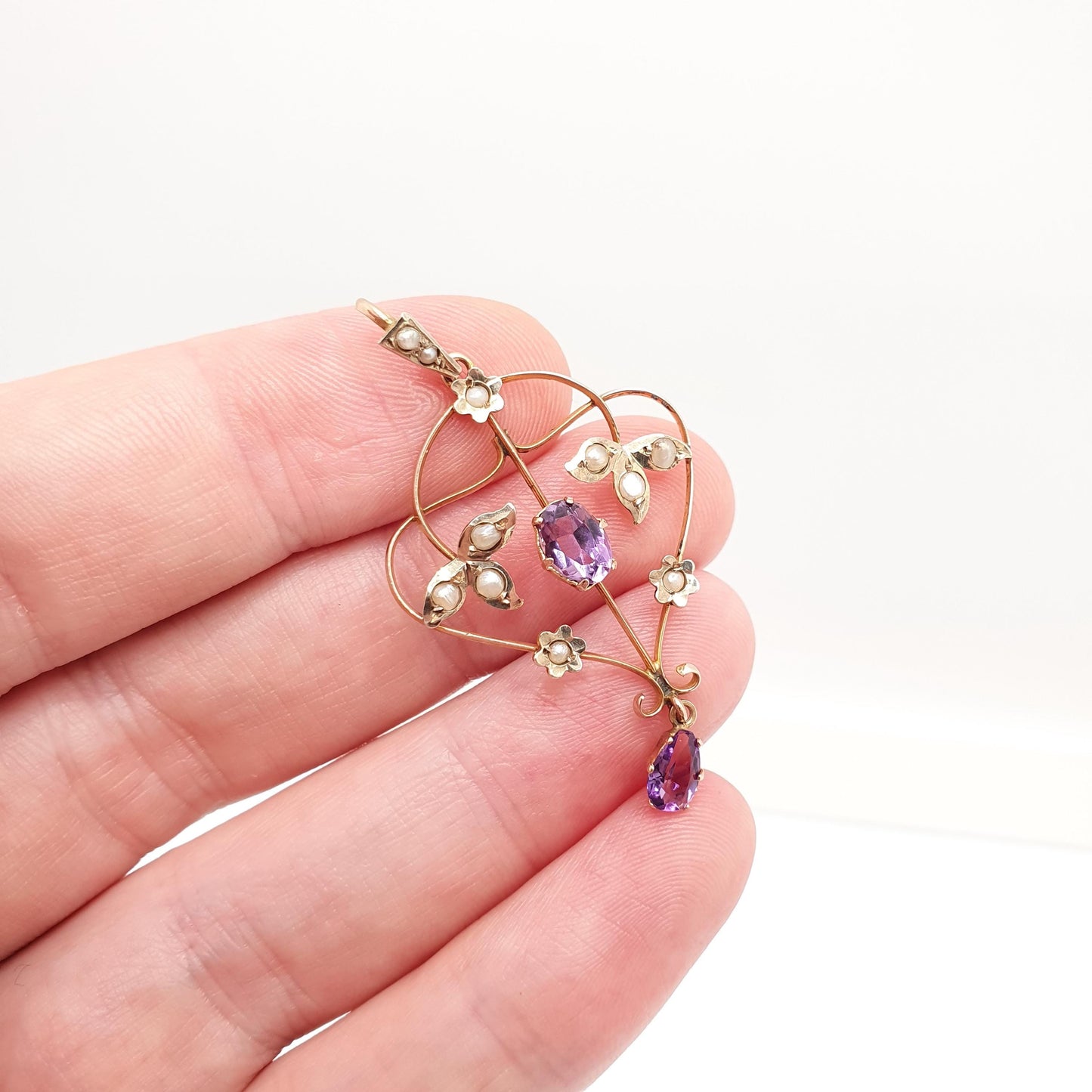 Antique 9ct Gold Amethyst Seed Pearl Pendant Necklace Brooch Edwardian Solid 375 Openwork Art Nouveau Vintage Jewellery Jewelry