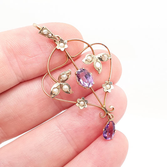 Antique 9ct Gold Amethyst Seed Pearl Pendant Necklace Brooch Edwardian Solid 375 Openwork Art Nouveau Vintage Jewellery Jewelry