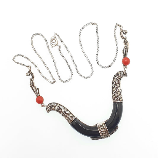 Antique Solid Silver Art Deco Onyx & Coral Necklace Marcasite Geometric Snake U Shape 1920s Vintage Black Gemstone Authentic Jewelry