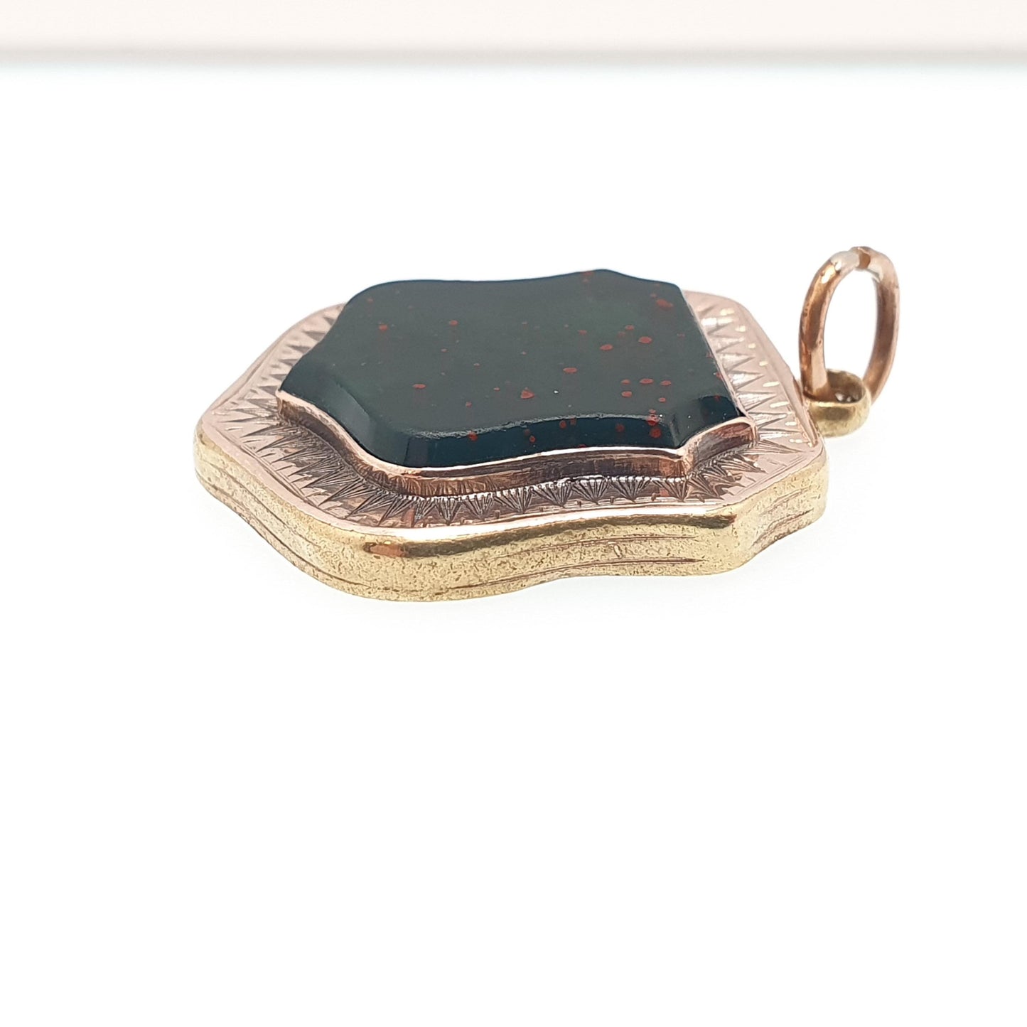 Antique Victorian Bloodstone Shield Pendant Necklace Agate Gemstone Rolled Gold Filled Front Vintage