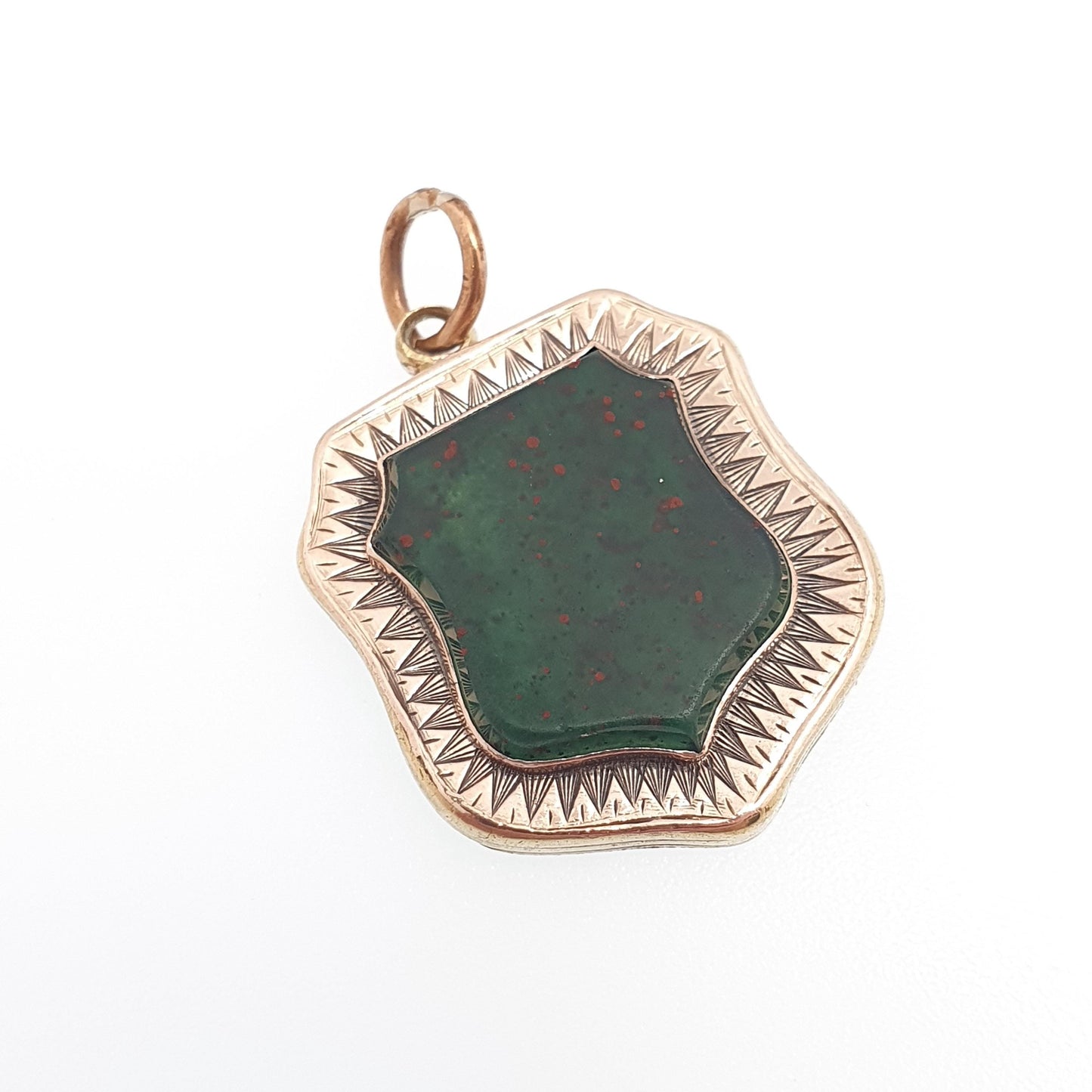 Antique Victorian Bloodstone Shield Pendant Necklace Agate Gemstone Rolled Gold Filled Front Vintage